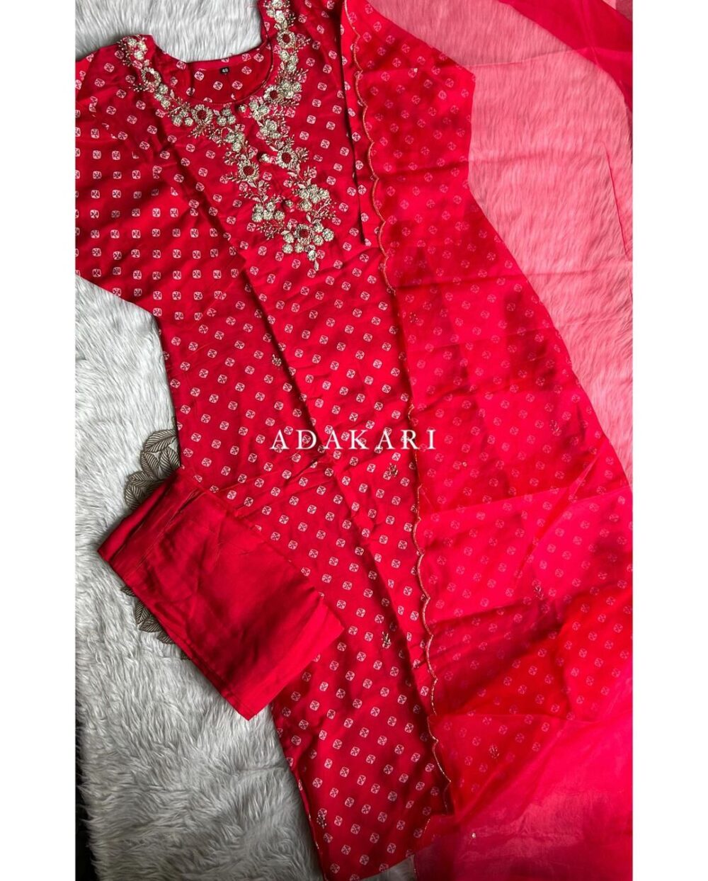 ‘’ BHANDEJ” Beautiful red shade bhandej dola silk set