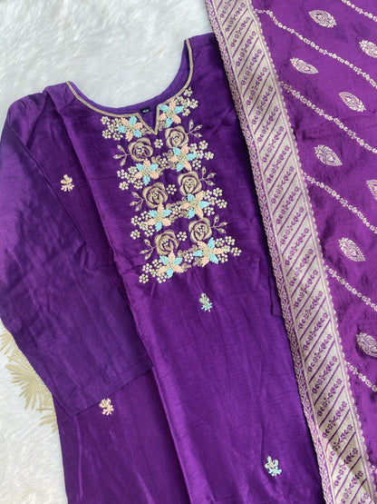 “ MAHIRA” Latest handwork purple dola silk kurta set