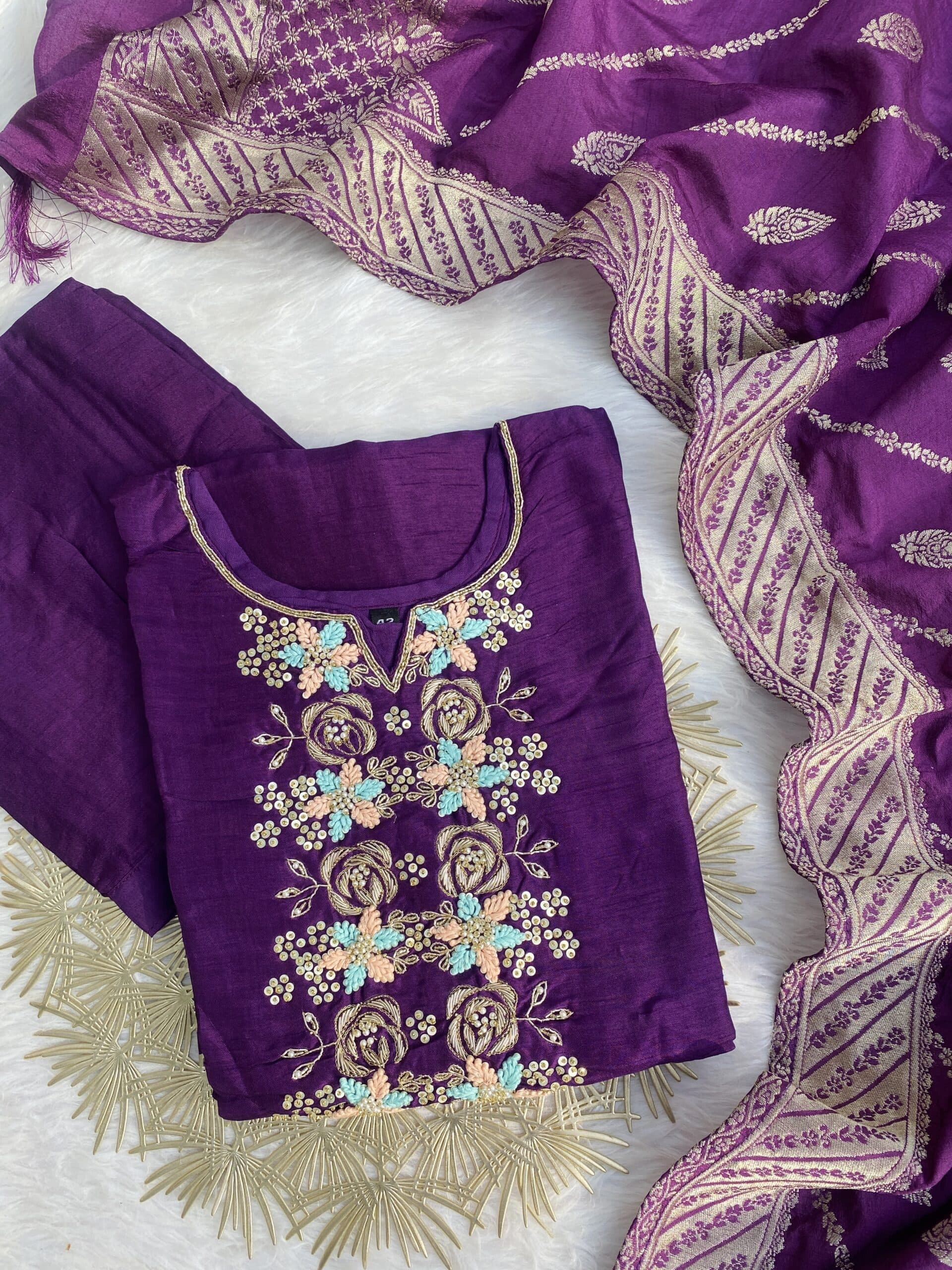 “ MAHIRA” Latest handwork purple dola silk kurta set