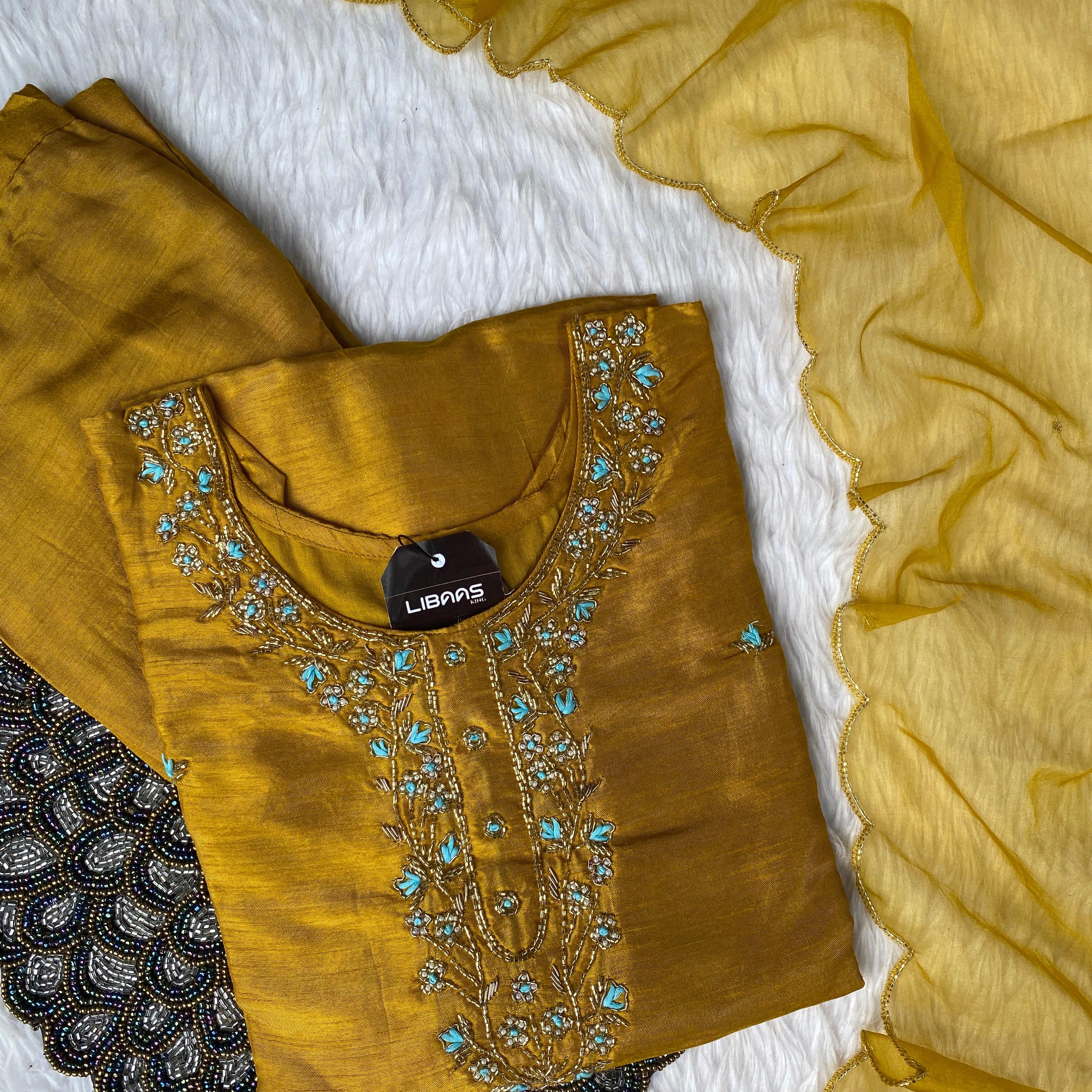 "Taskin" Yellow handcrafted dola silk kurti bottom with dupatta set