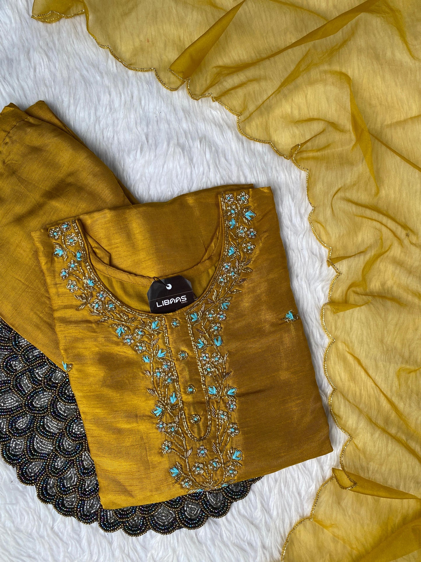 "Taskin" Yellow handcrafted dola silk kurti bottom with dupatta set