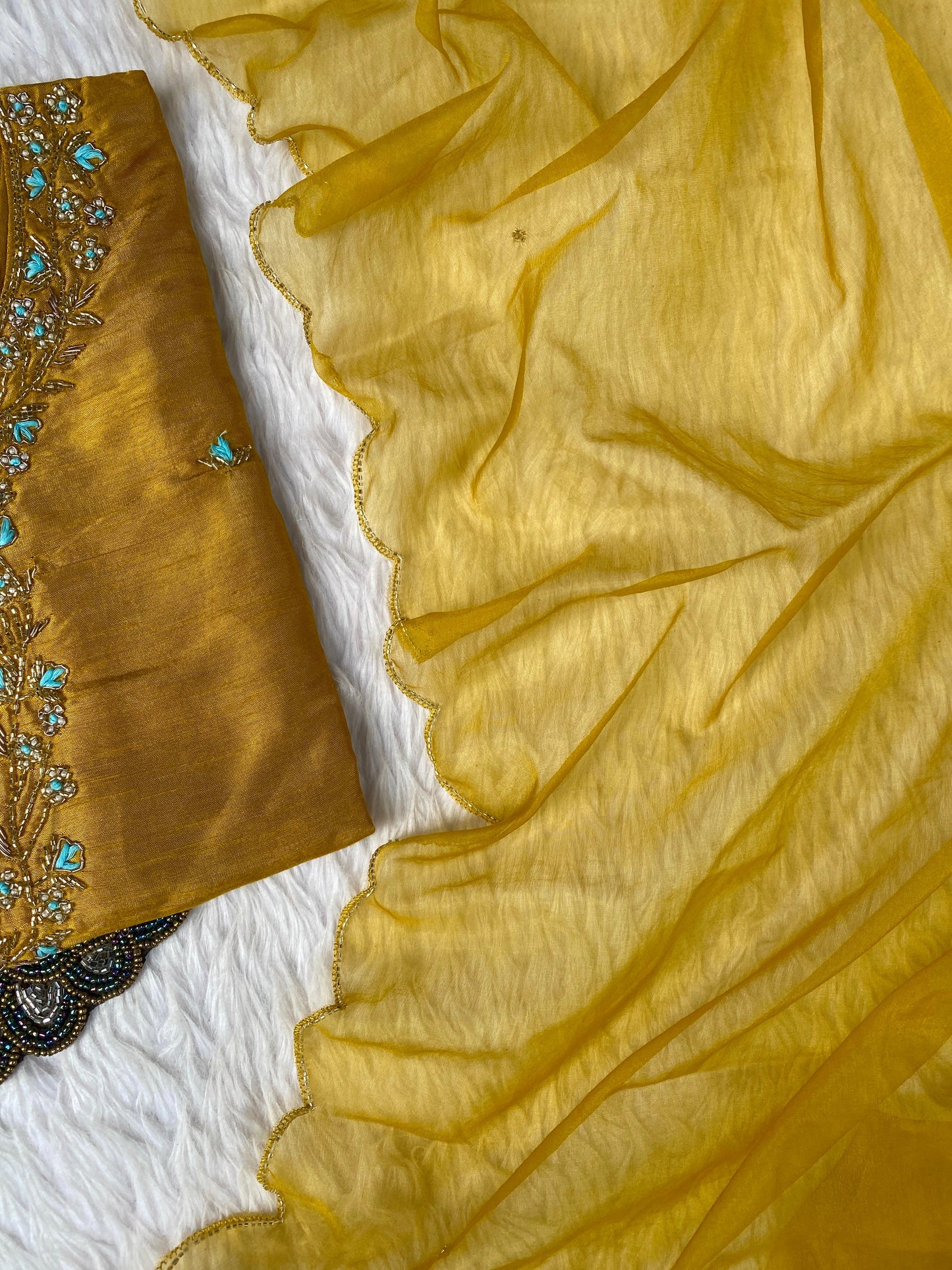 "Taskin" Yellow handcrafted dola silk kurti bottom with dupatta set