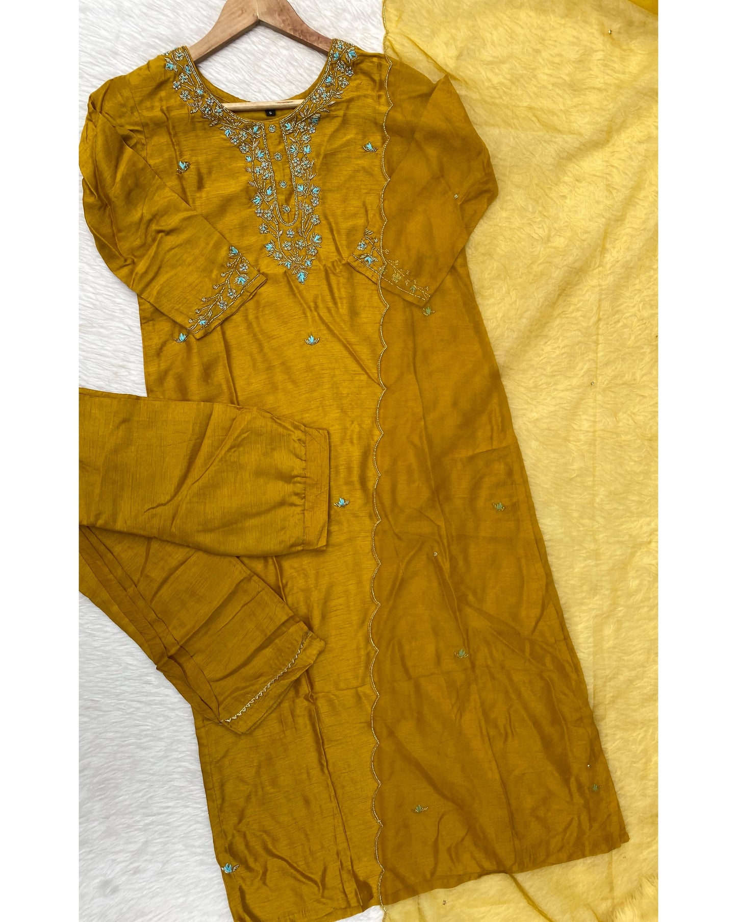 "Taskin" Yellow handcrafted dola silk kurti bottom with dupatta set