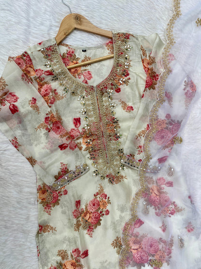 "Aditi" Off white organza printed & handwork stright kurta set