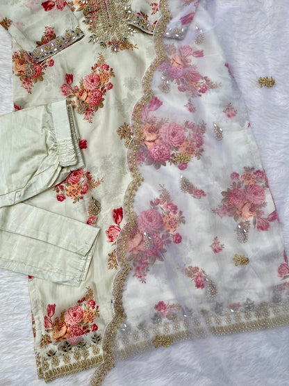 "Aditi" Off white organza printed & handwork stright kurta set