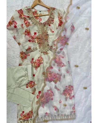 "Aditi" Off white organza printed & handwork stright kurta set