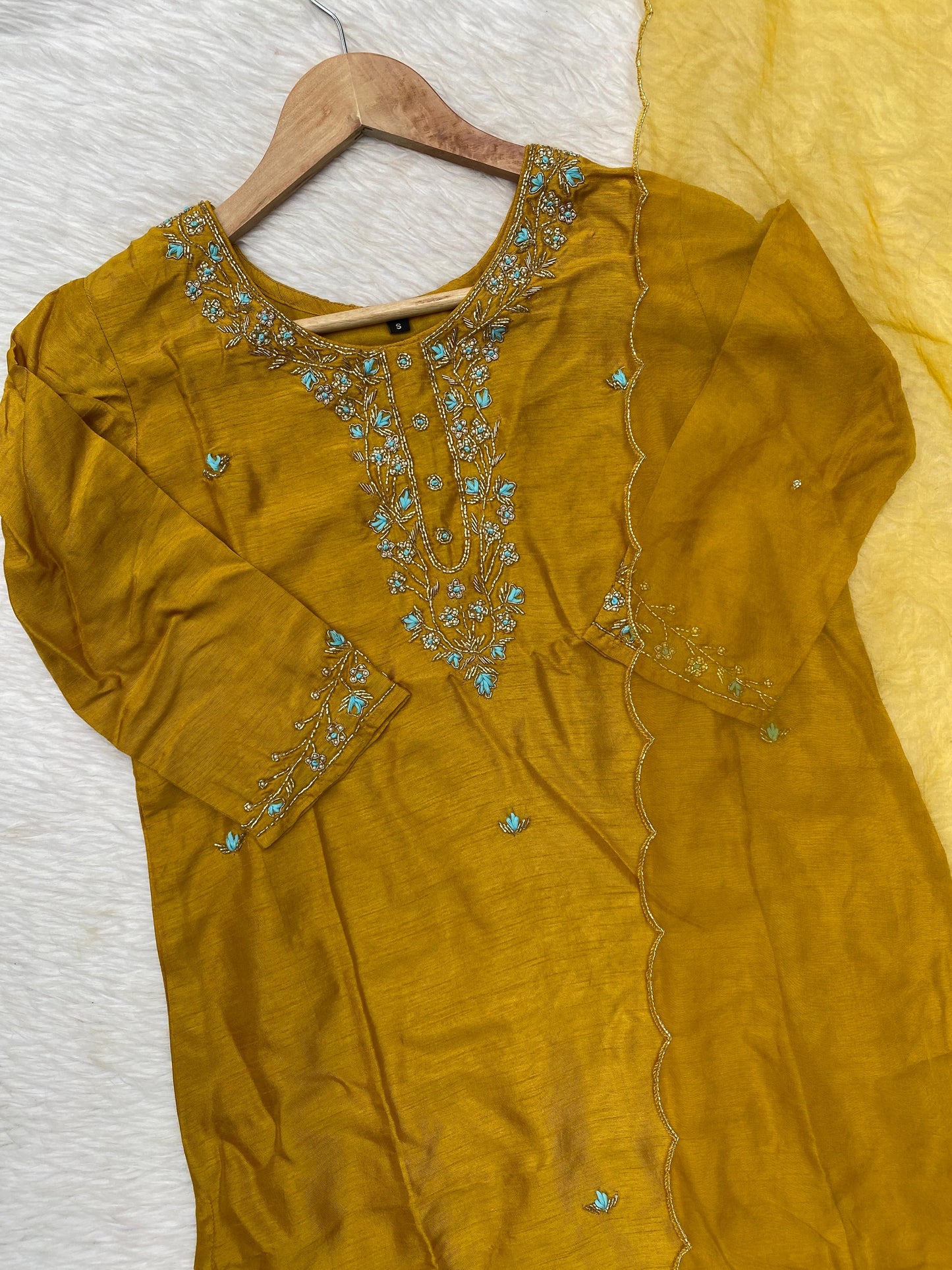 "Taskin" Yellow handcrafted dola silk kurti bottom with dupatta set