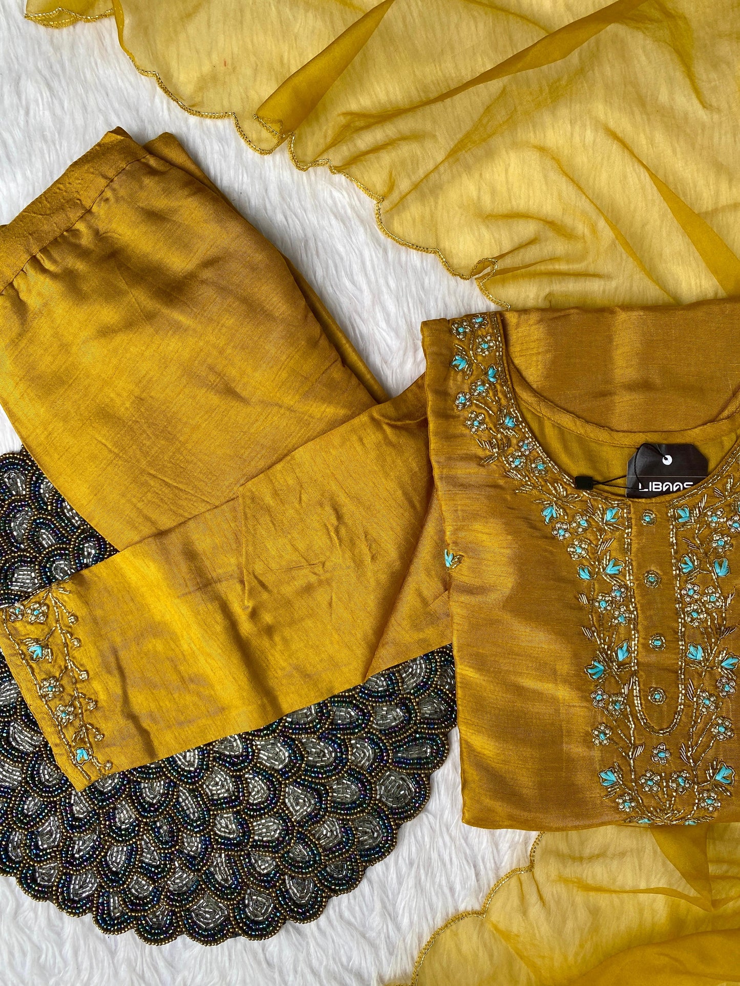 "Taskin" Yellow handcrafted dola silk kurti bottom with dupatta set