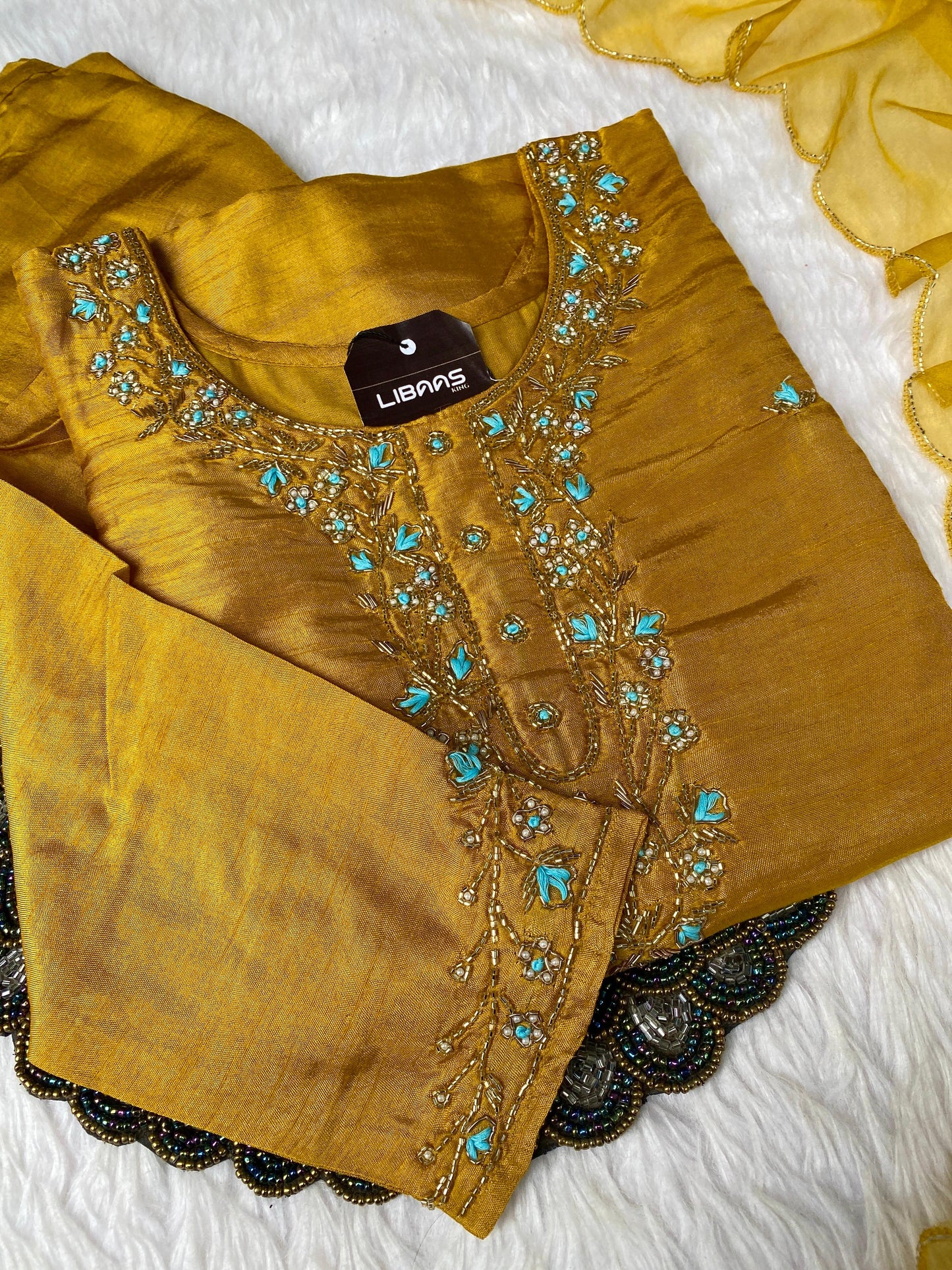 "Taskin" Yellow handcrafted dola silk kurti bottom with dupatta set