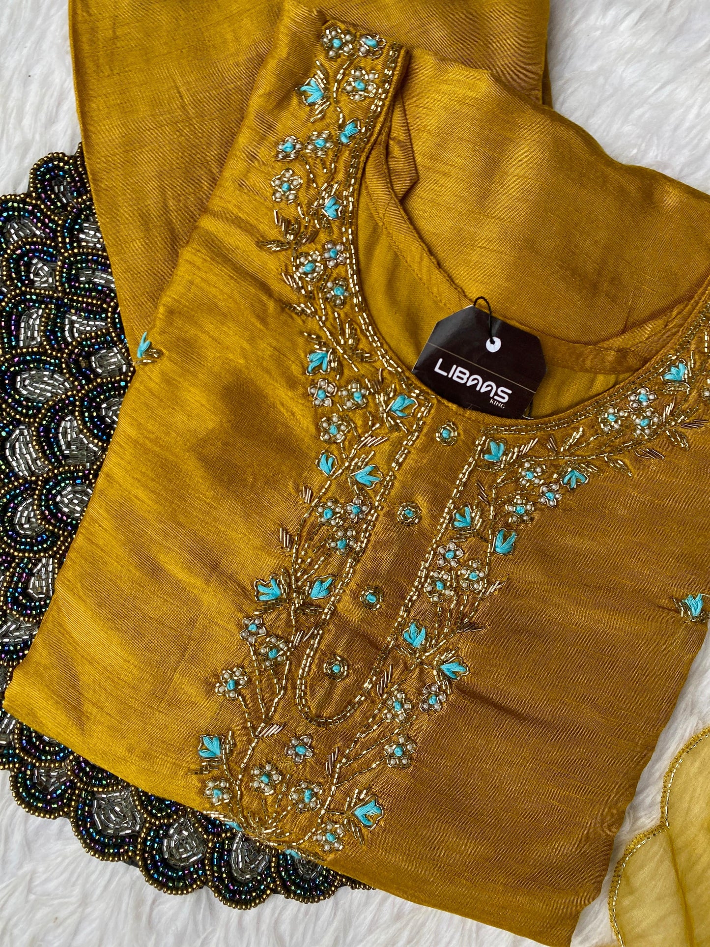 "Taskin" Yellow handcrafted dola silk kurti bottom with dupatta set