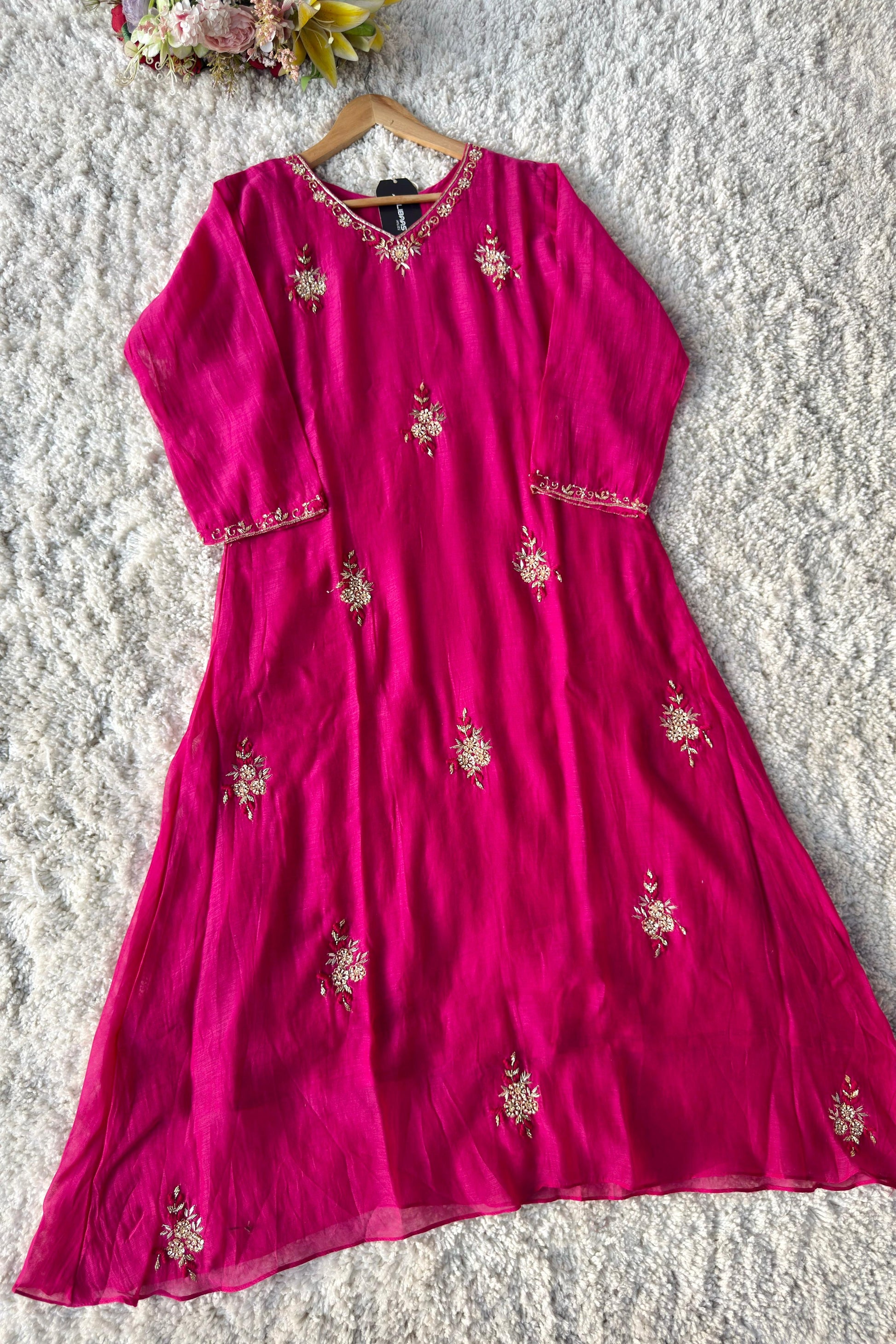 💕Zidan- Premium Pink Mul Chanderi A Line Suit set 🛍️