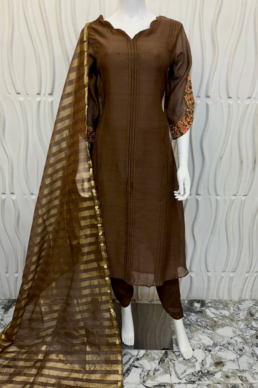 🛍️”Az021 – Premium Coffe Brown Mul Chanderi A Line Kurta Set