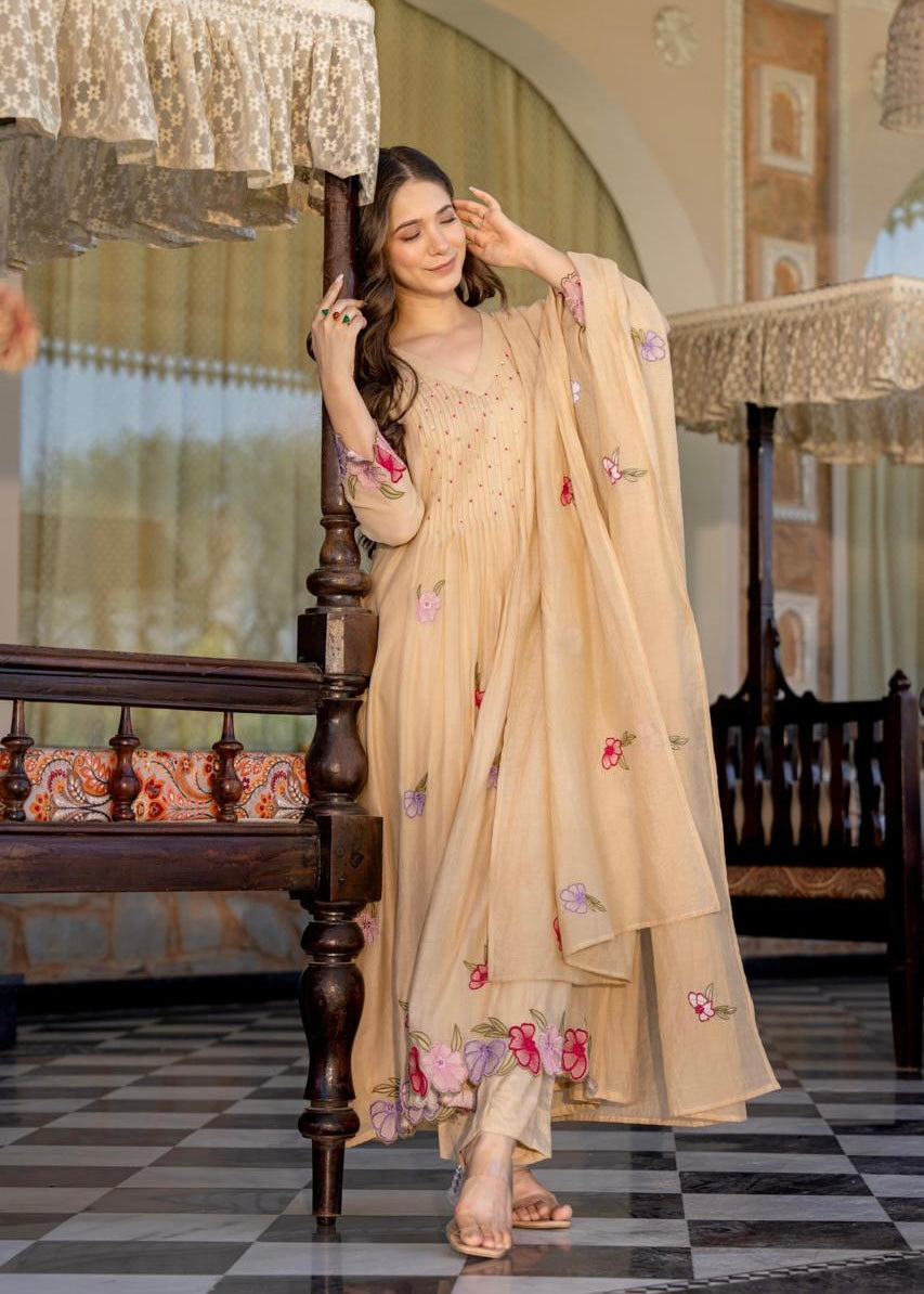 “Jhanvi” Luxury Mul Chanderi Anarkali Set | Appliqué Embroidery | Dupatta & Bottom