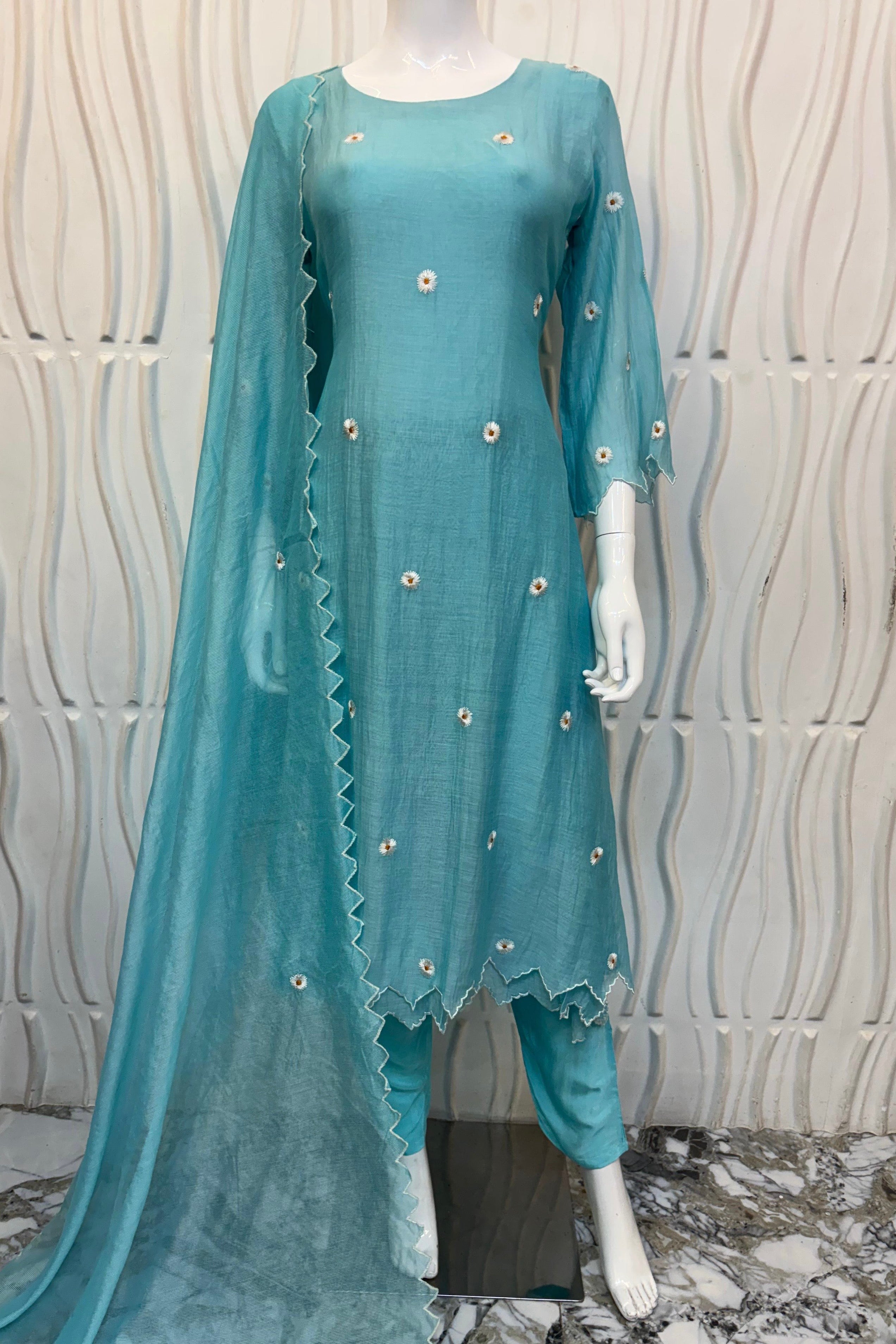 💫Tara – Premium Sea Blue Mul Chanderi A Line Kurta Set