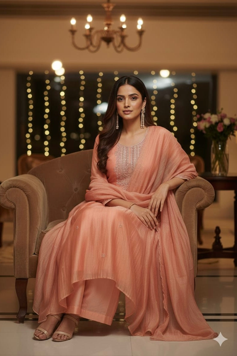 “Aurea” Premium Glass Tissue Kurta Set with Hand Embellished