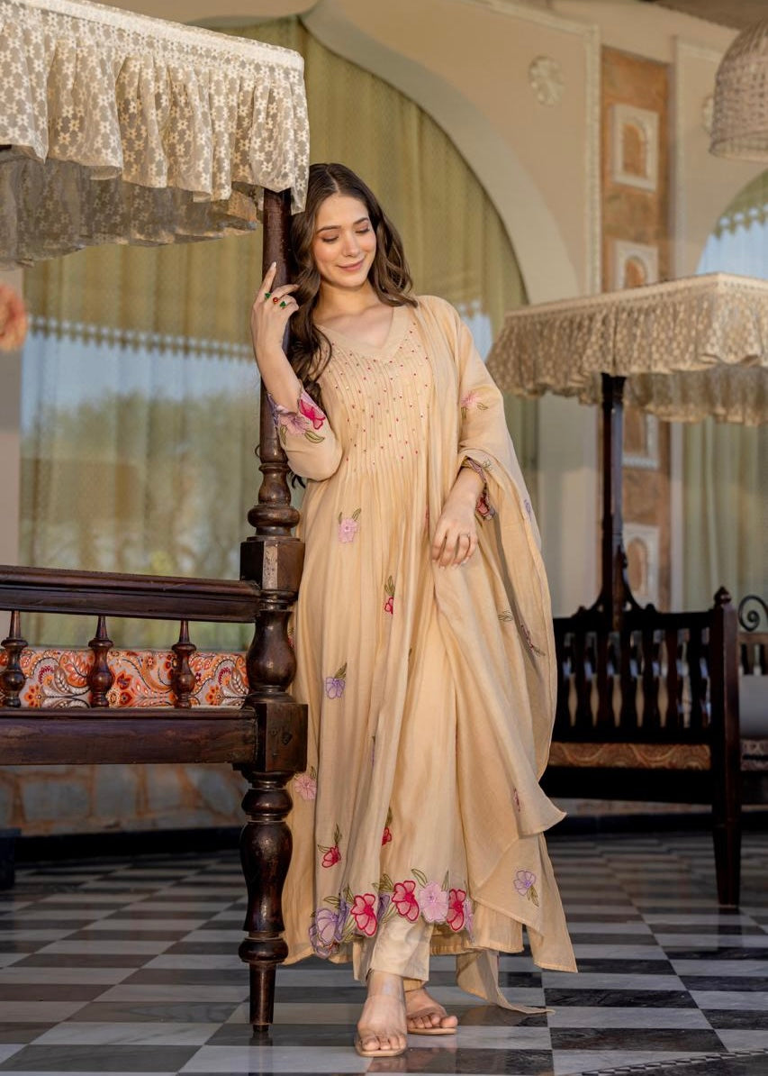 “Jhanvi” Luxury Mul Chanderi Anarkali Set | Appliqué Embroidery | Dupatta & Bottom