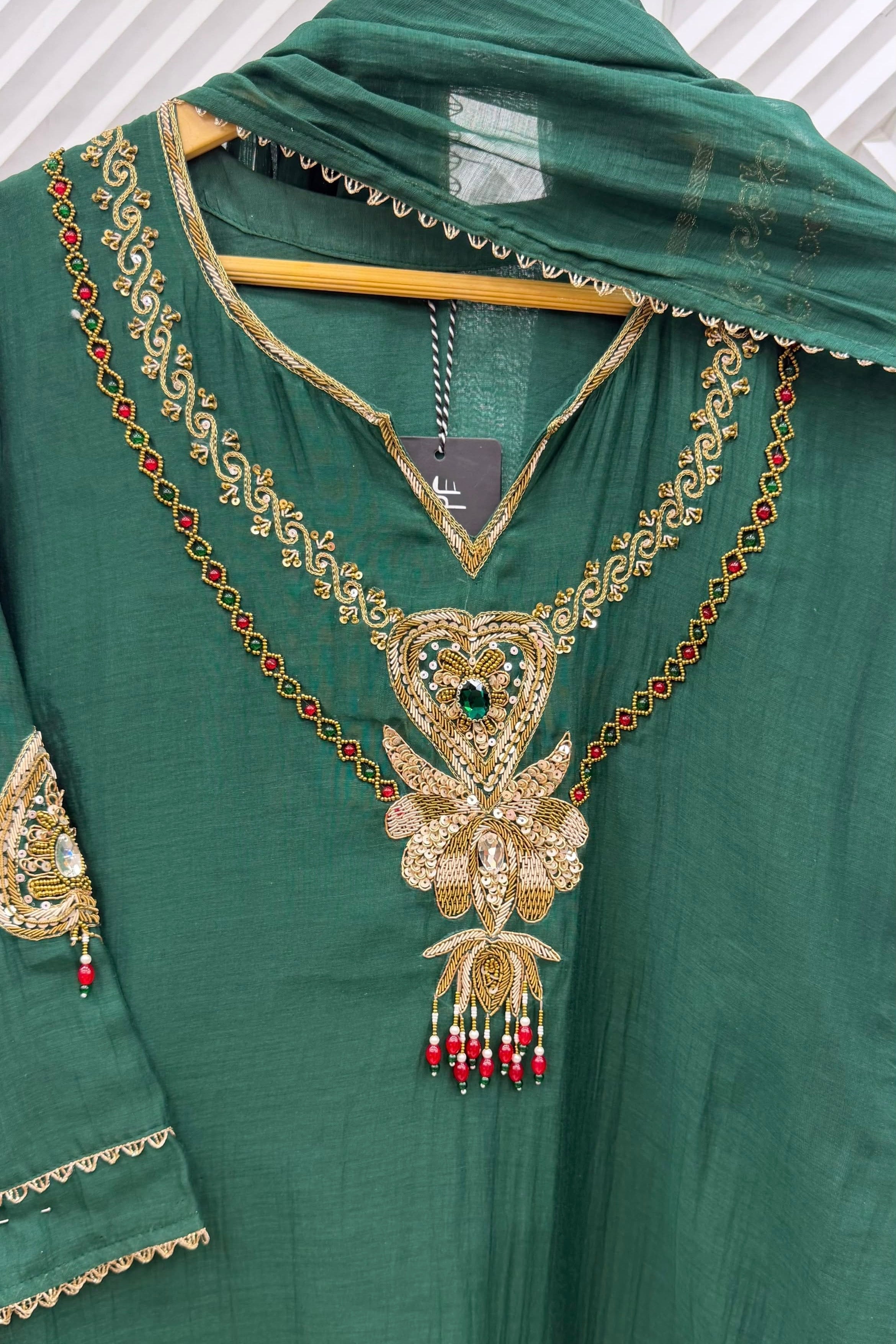 ✨”Palak - Premium Green Mul Chanderi A-Line Kurta Set