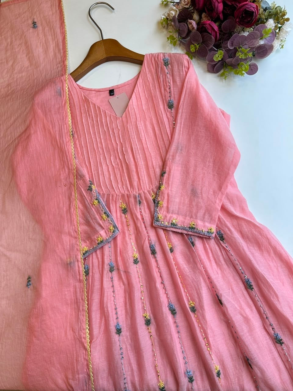 Premium Mul Chanderi Embroidered A-Line Kurta Set Pink