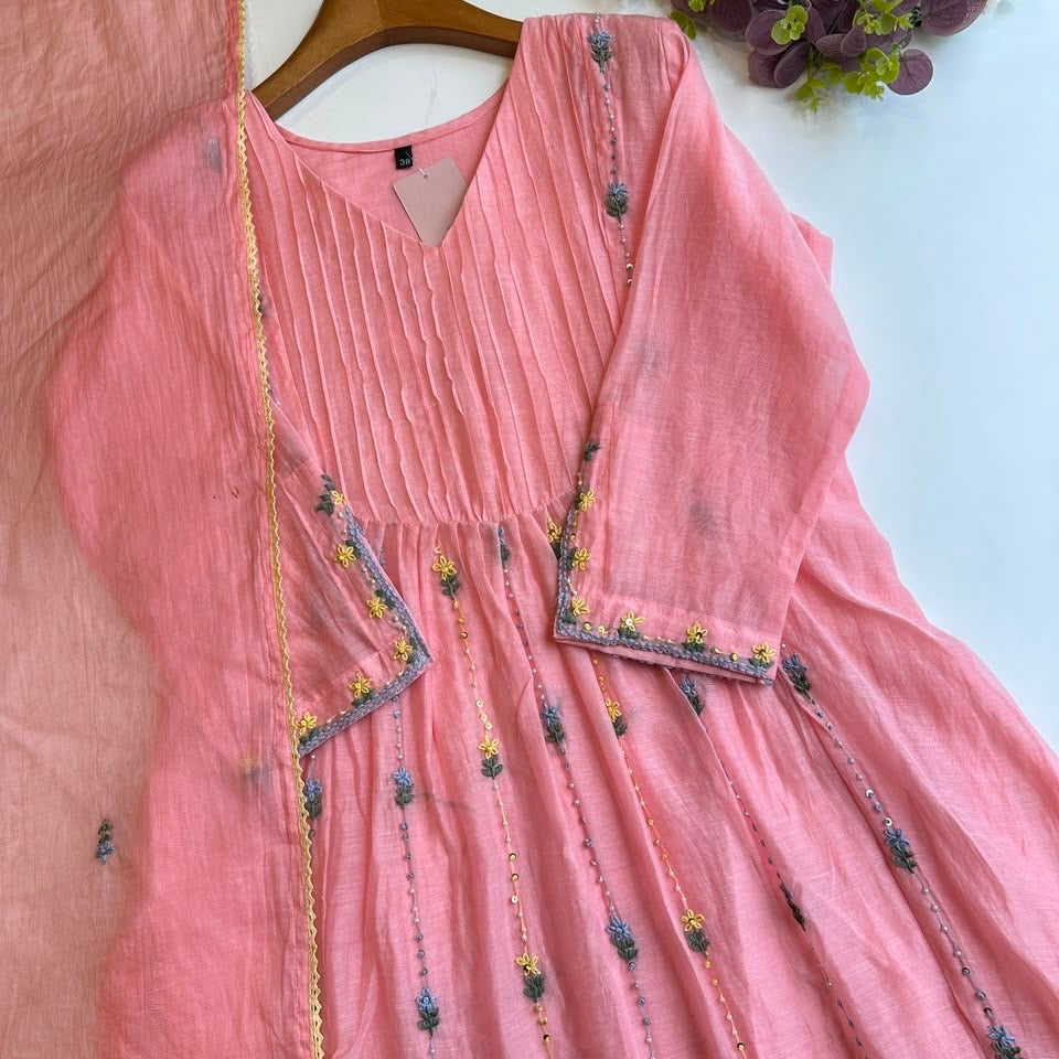 Premium Mul Chanderi Embroidered A-Line Kurta Set Pink