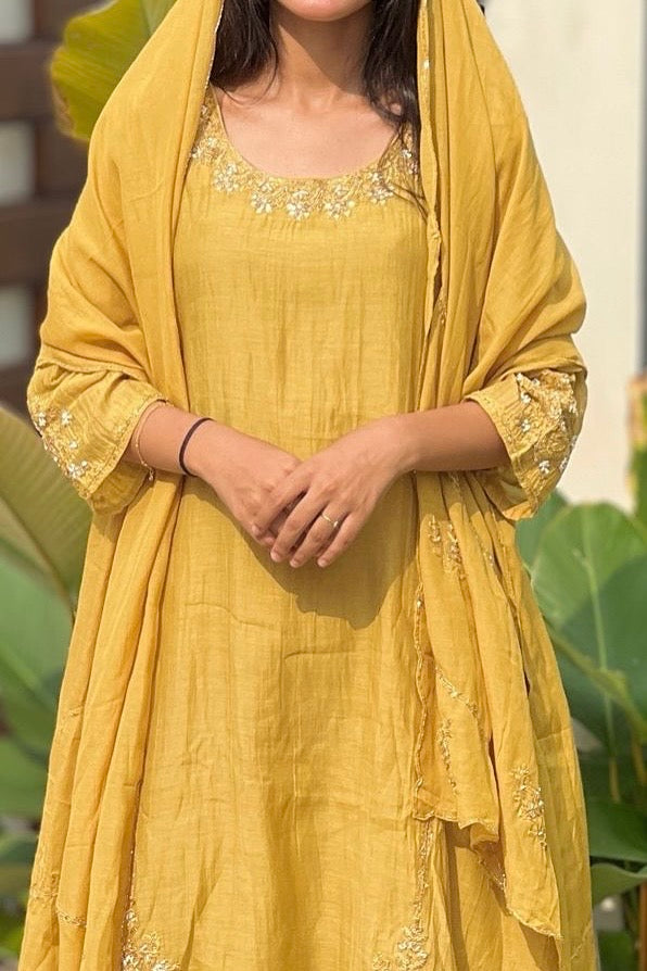 💕”Nayra – Premium Mul Chanderi A-Line Kurta Set