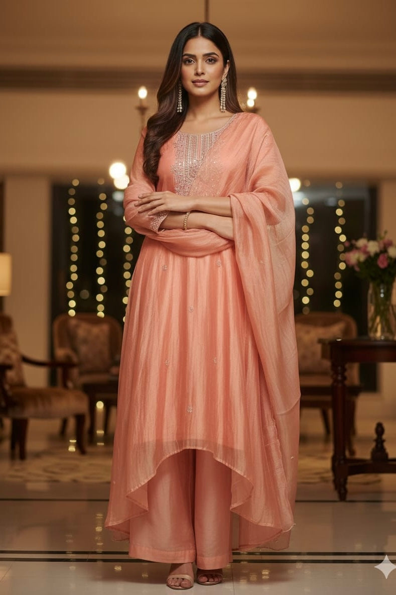 “Aurea” Premium Glass Tissue Kurta Set with Hand Embellished