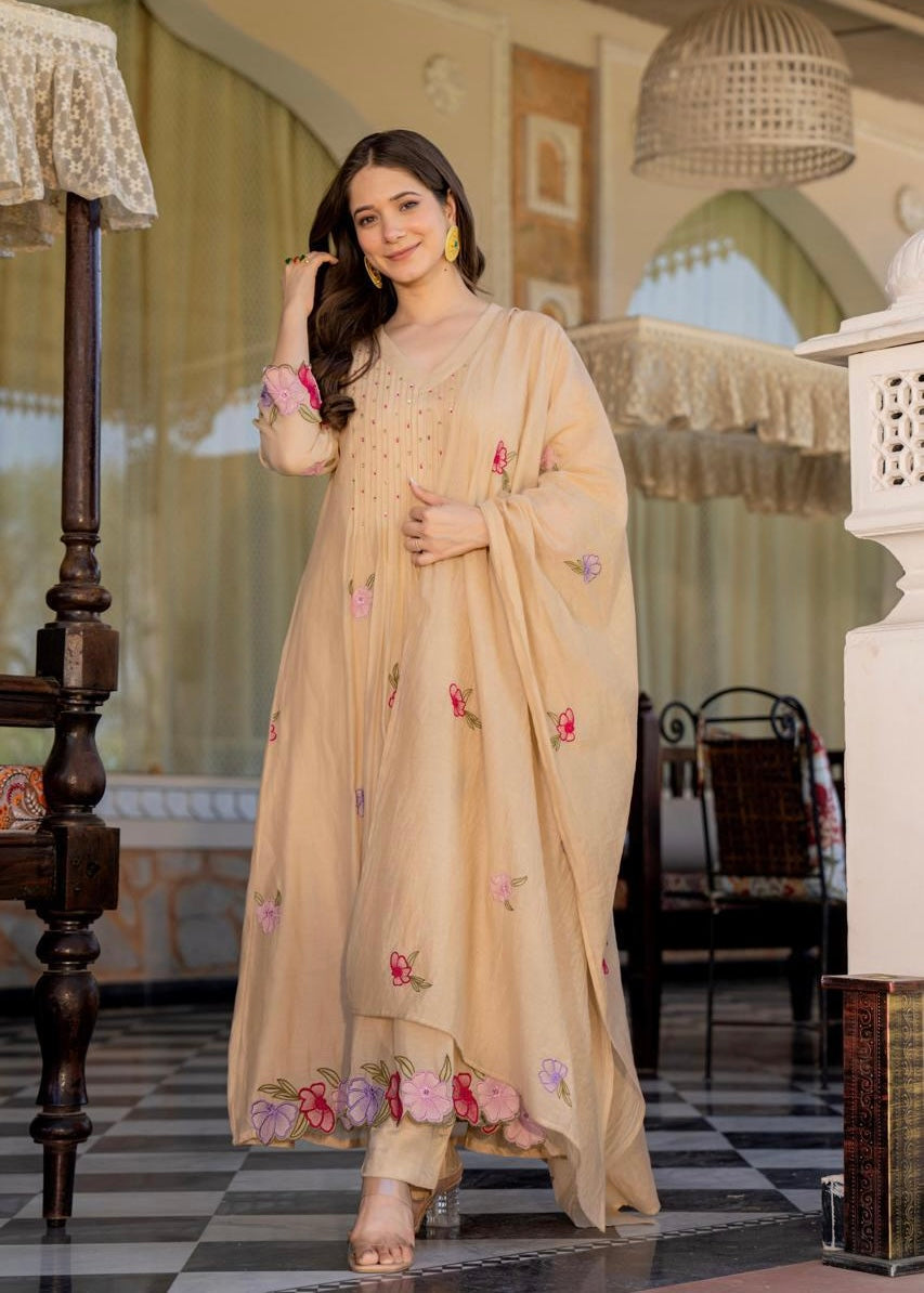 “Jhanvi” Luxury Mul Chanderi Anarkali Set | Appliqué Embroidery | Dupatta & Bottom
