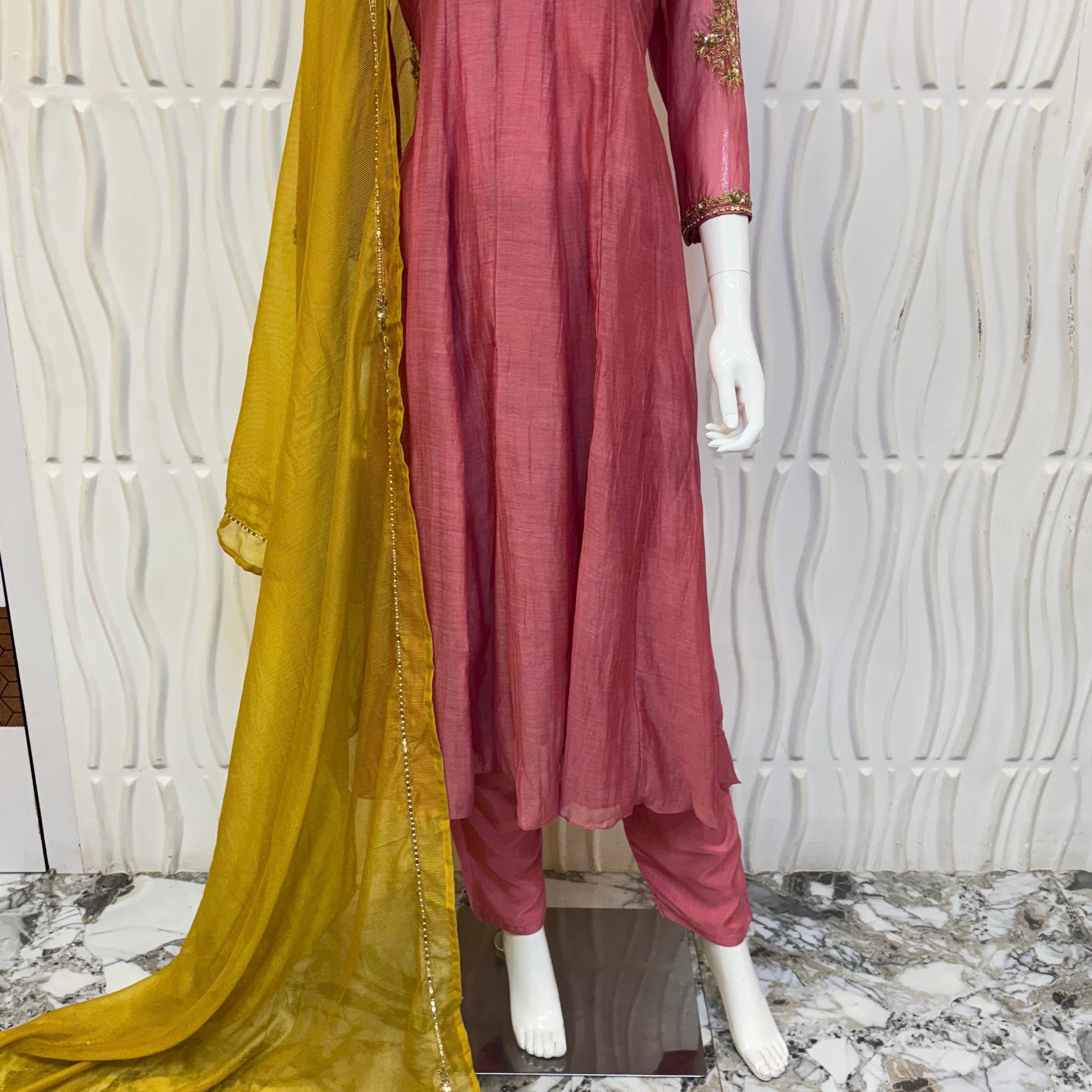 “Gulabo” Premium Rose Pink Mul Chanderi A-Line Suit 💕