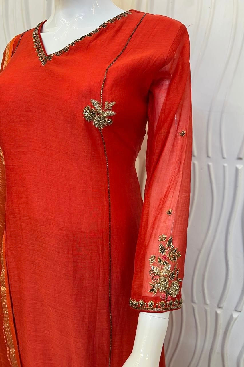 “Aavya” Premium Rust Orange Mul Chanderi A-Line Suit 💕