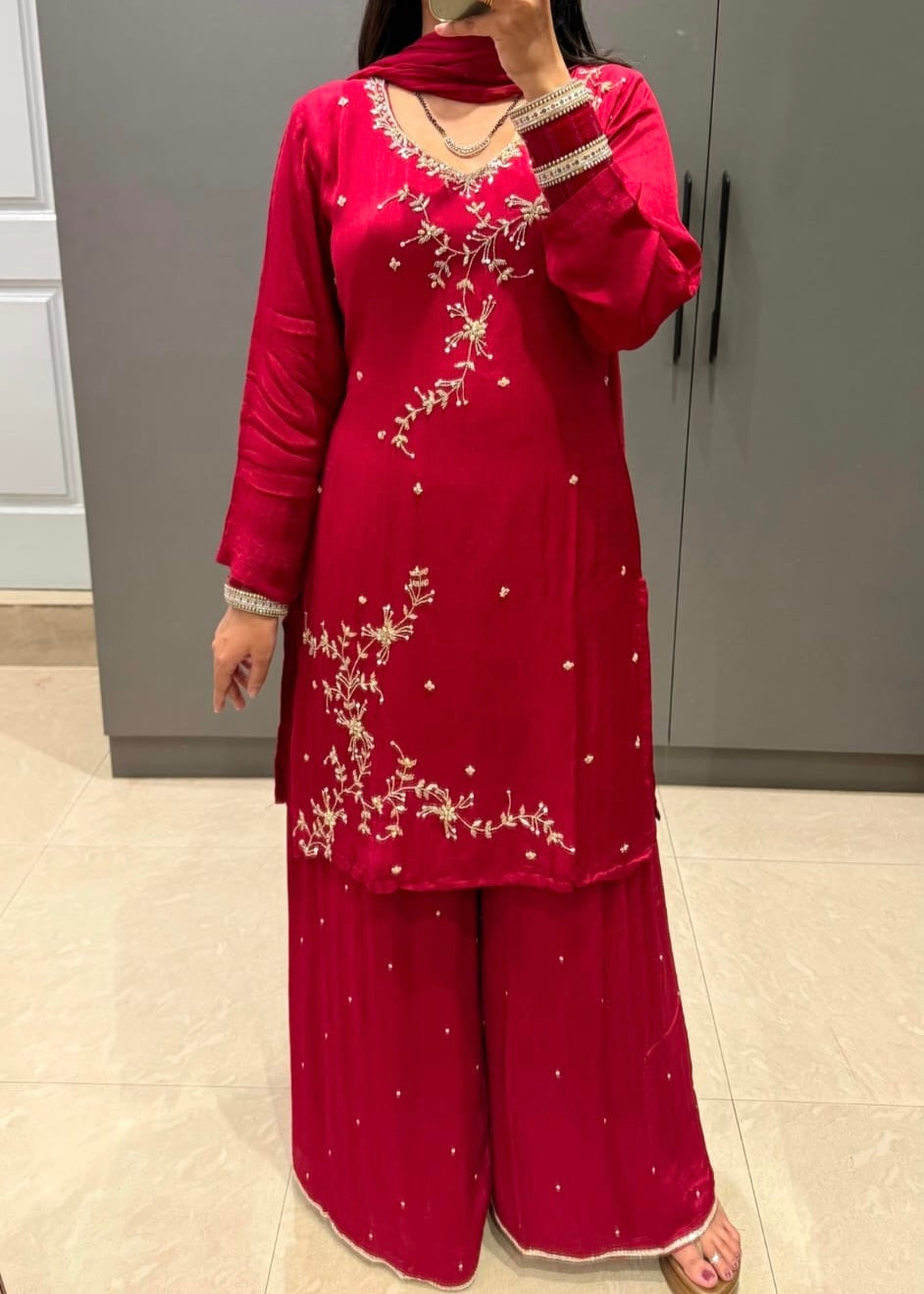 “Alya” Chinnon Silk Heavy Handwork Kurta Palazzo Set with Dupatta