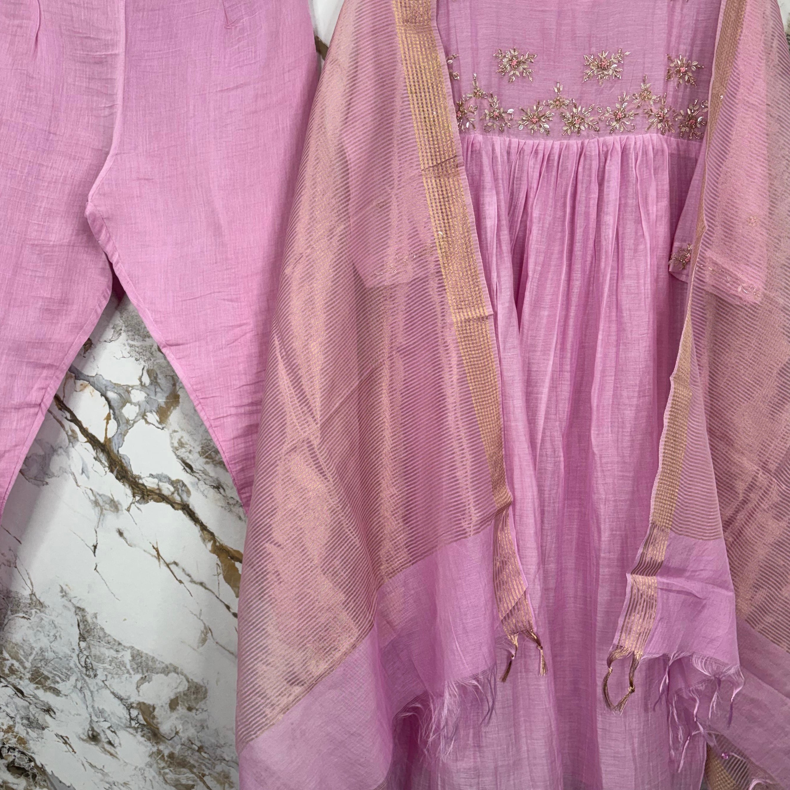 ✨ Sharmila – Banarsi Mul Chanderi A-Line Kurta Set with Dupatta