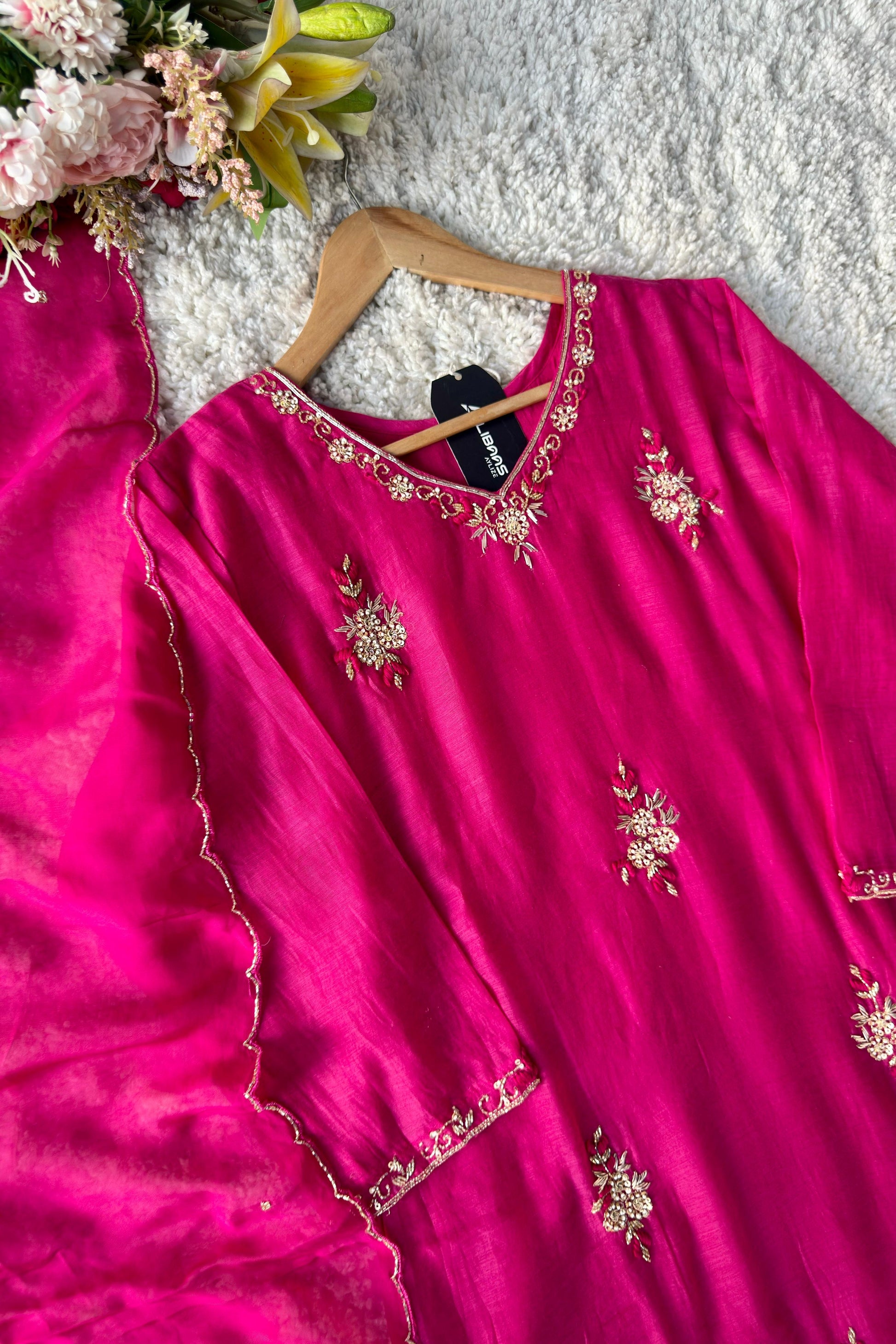 💕Zidan- Premium Pink Mul Chanderi A Line Suit set 🛍️