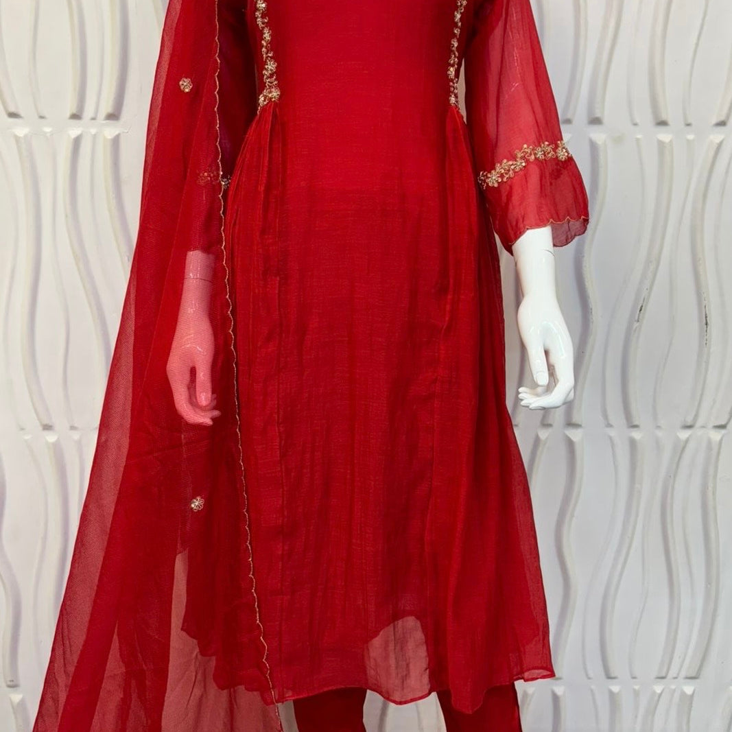 “Neha” karwa chauth Special Red Mul Chanderi Anarkali Kurta Set