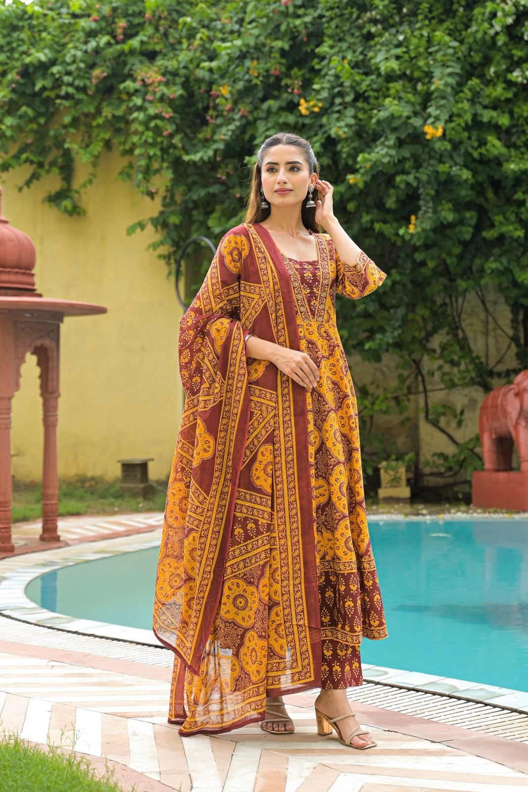 “Inaaya” Handblock Printed Cotton Anarkali Kurta Set
