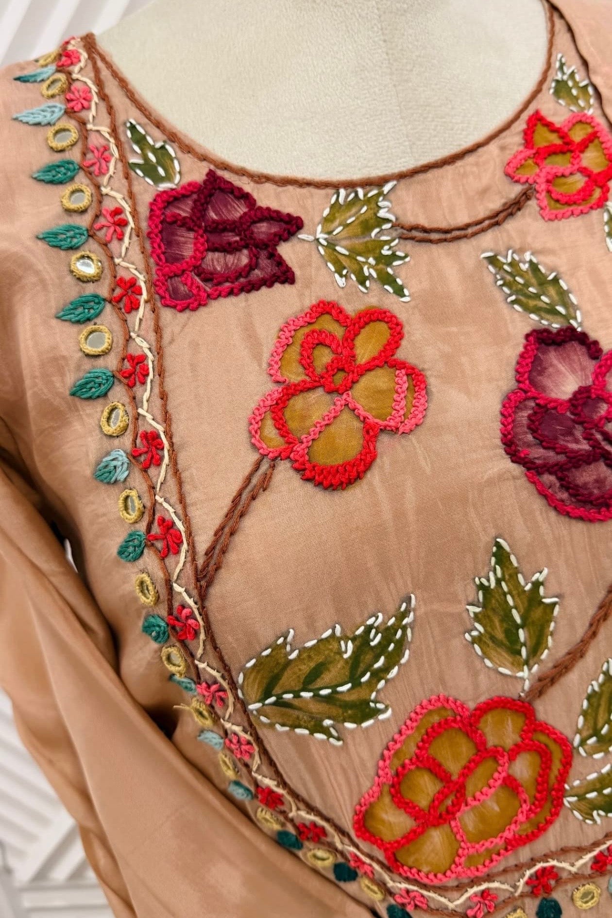 🛍️”Farhat –  Mul Chanderi Thread work A Line Kurta Set