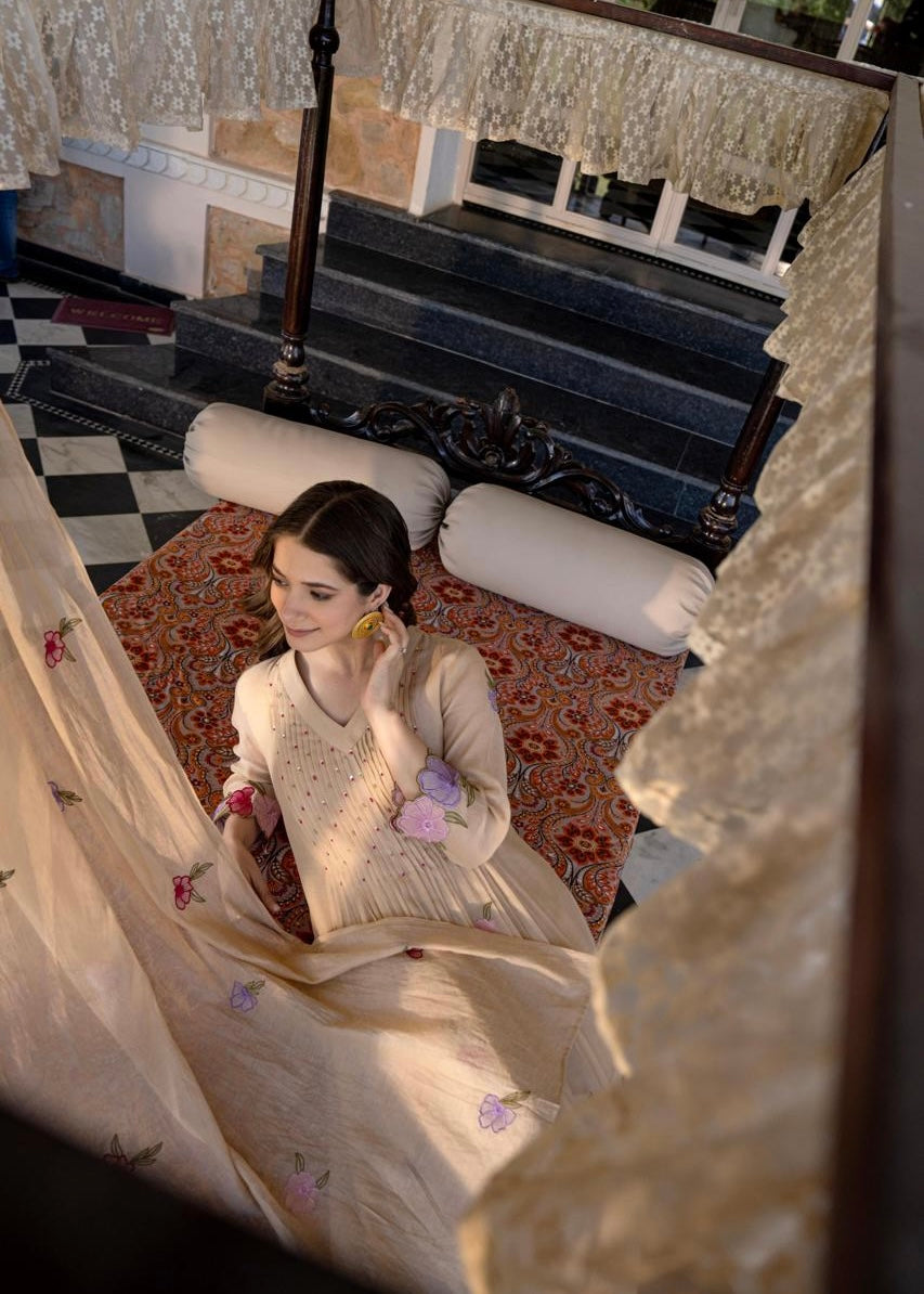 “Jhanvi” Luxury Mul Chanderi Anarkali Set | Appliqué Embroidery | Dupatta & Bottom