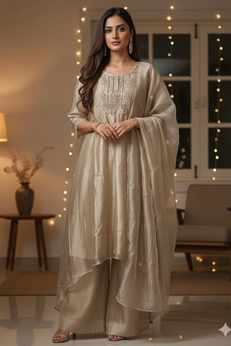 “Aurea” Premium Glass Tissue Kurta Set with Hand Embellished