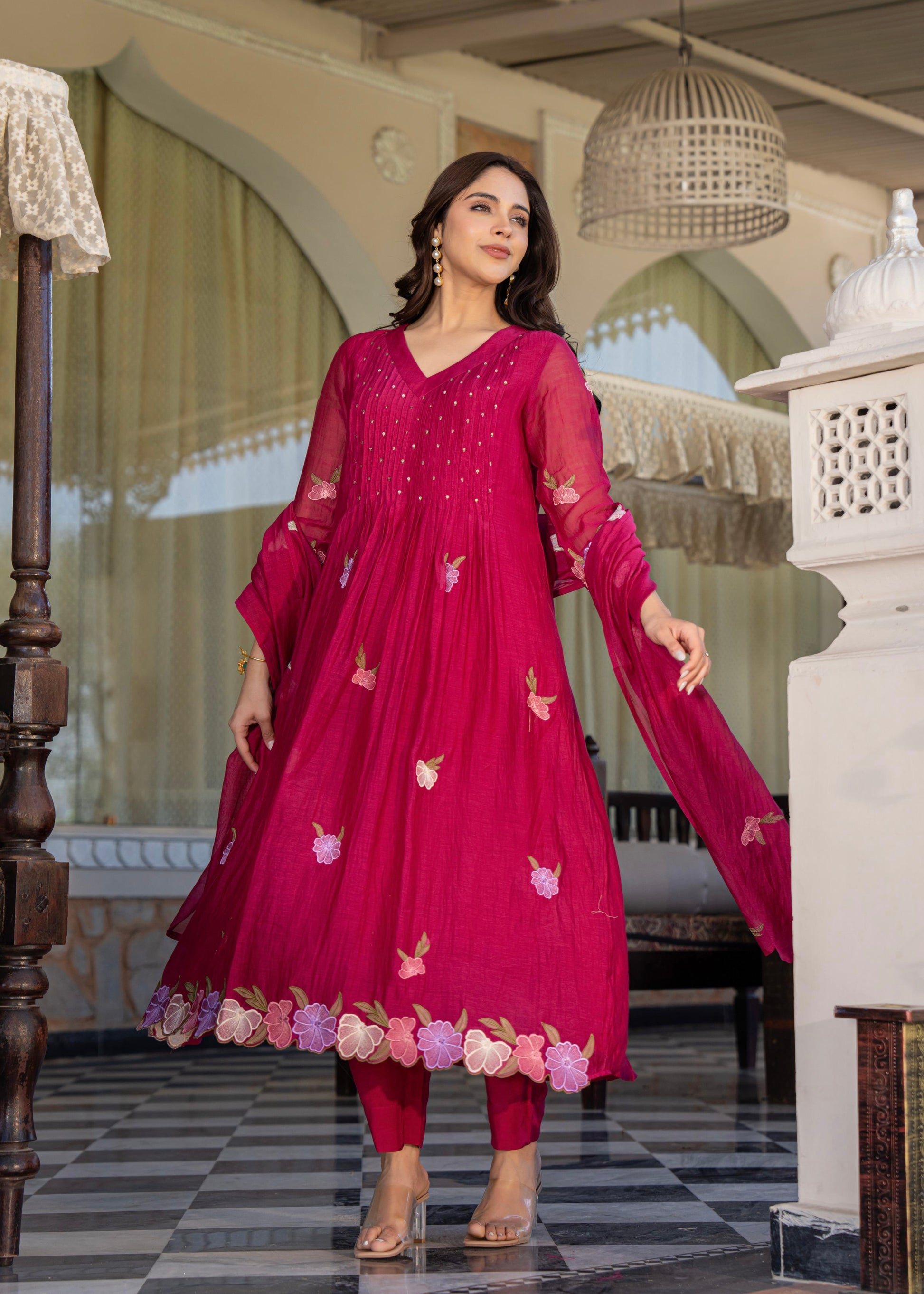 “Jhanvi” Luxury Mul Chanderi Anarkali Set | Appliqué Embroidery | Dupatta & Bottom