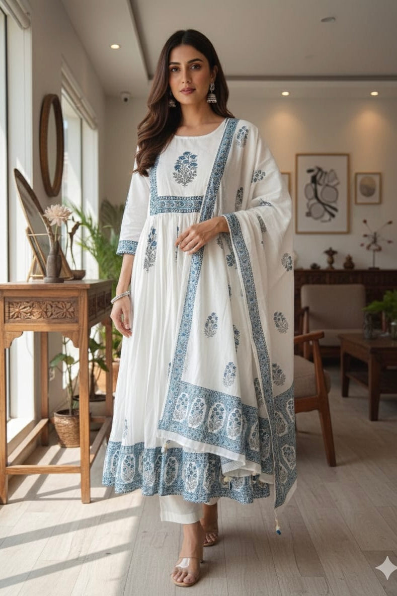 “Noor” Mul Cotton Anarkali Kurta Set With Printed Dupatta