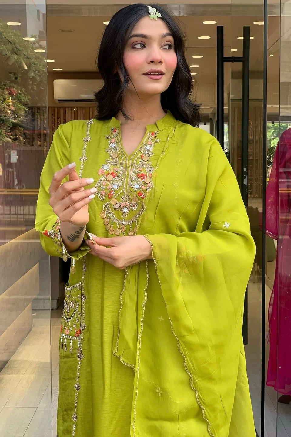 “Lime” Greenish Green Dola Silk Heavy Handwork Suit Set