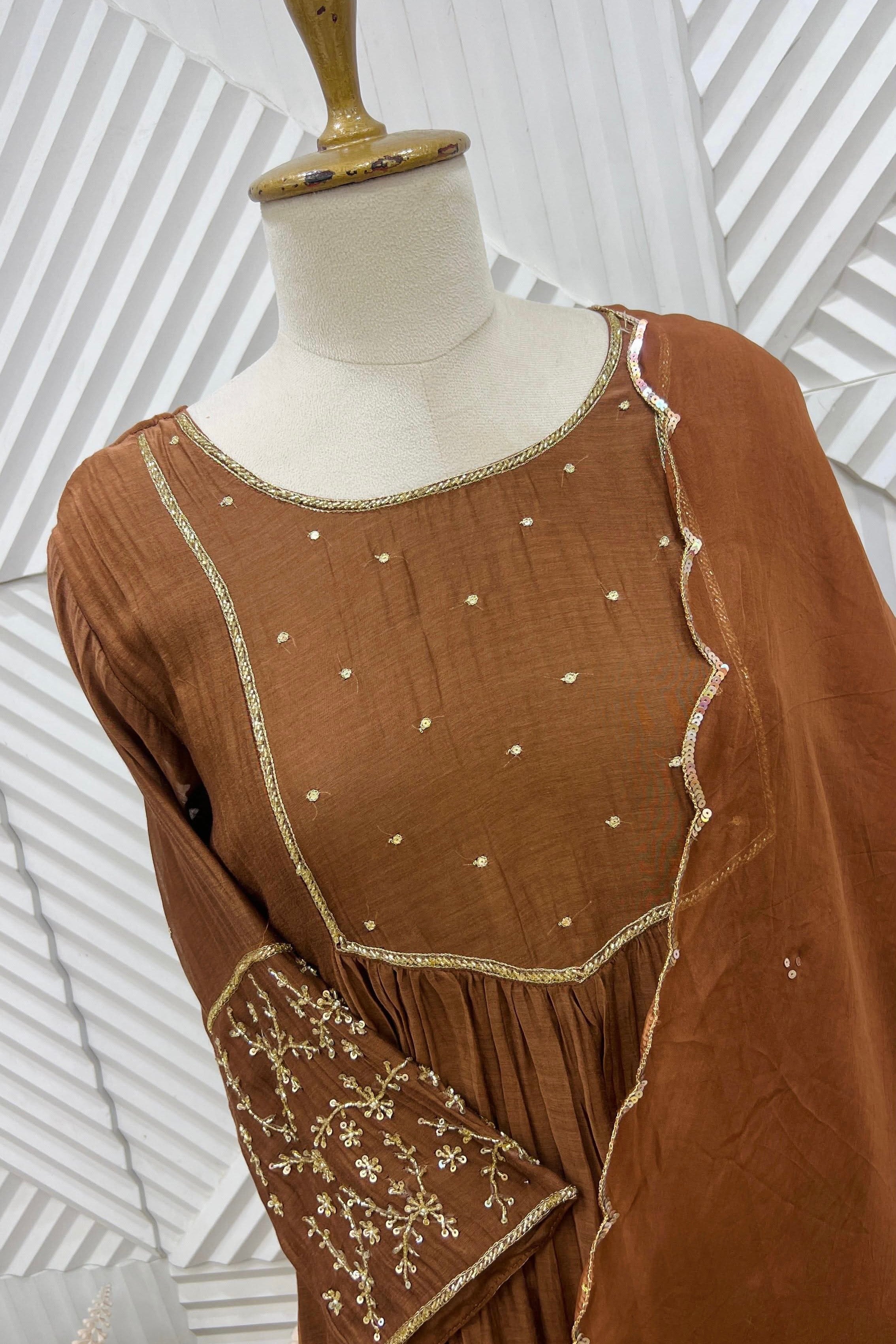 ✨”Cocoa– Premium Brown Mul Chanderi A-Line Kurta Set✨