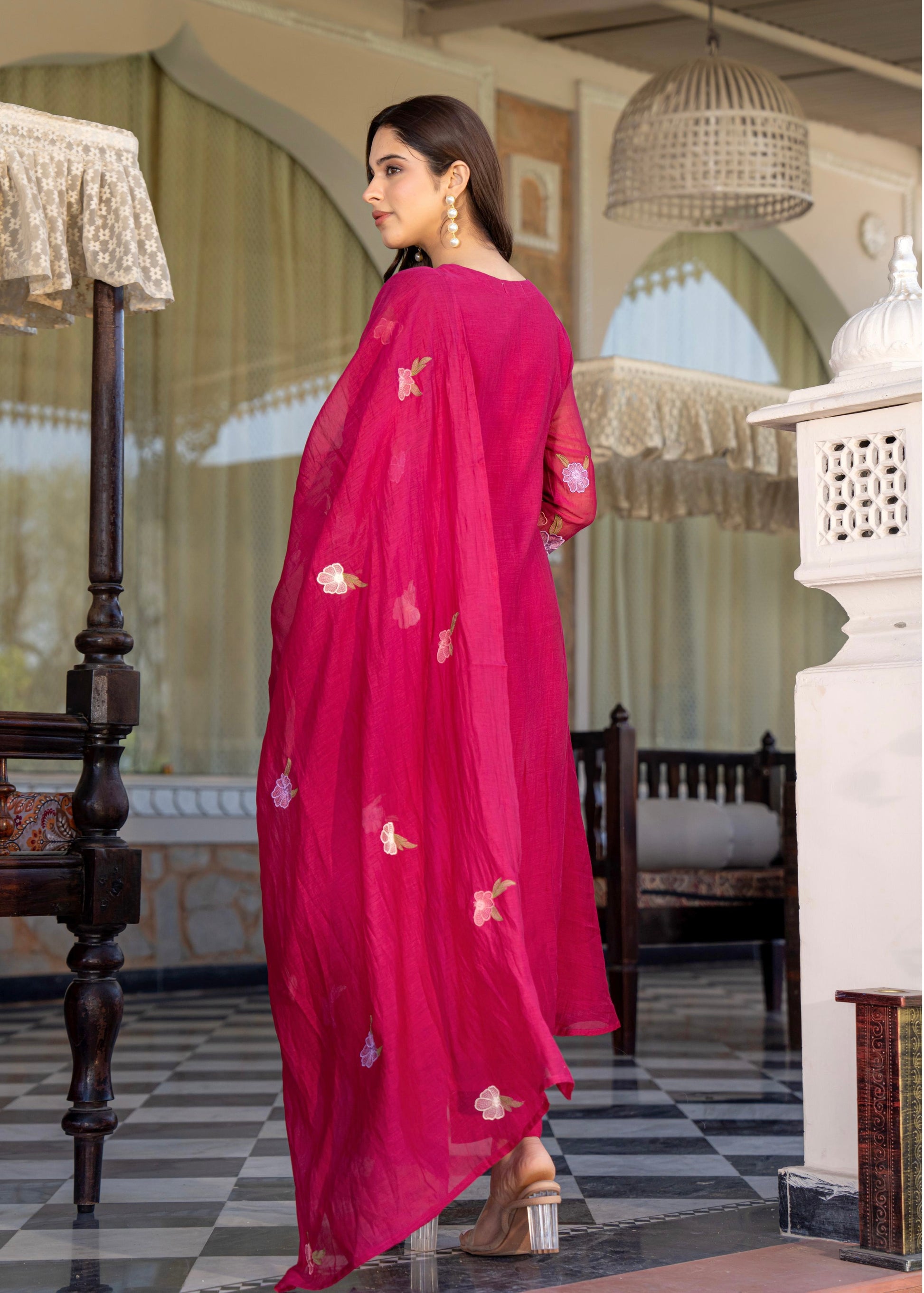 “Jhanvi” Luxury Mul Chanderi Anarkali Set | Appliqué Embroidery | Dupatta & Bottom