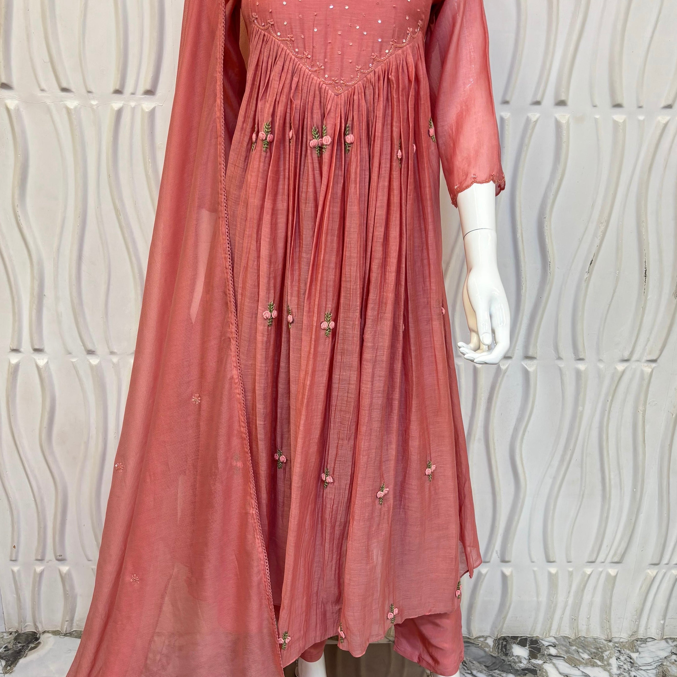 💫Snow – Premium Rosewood Peach Mul Chanderi Anarkali Kurta Set