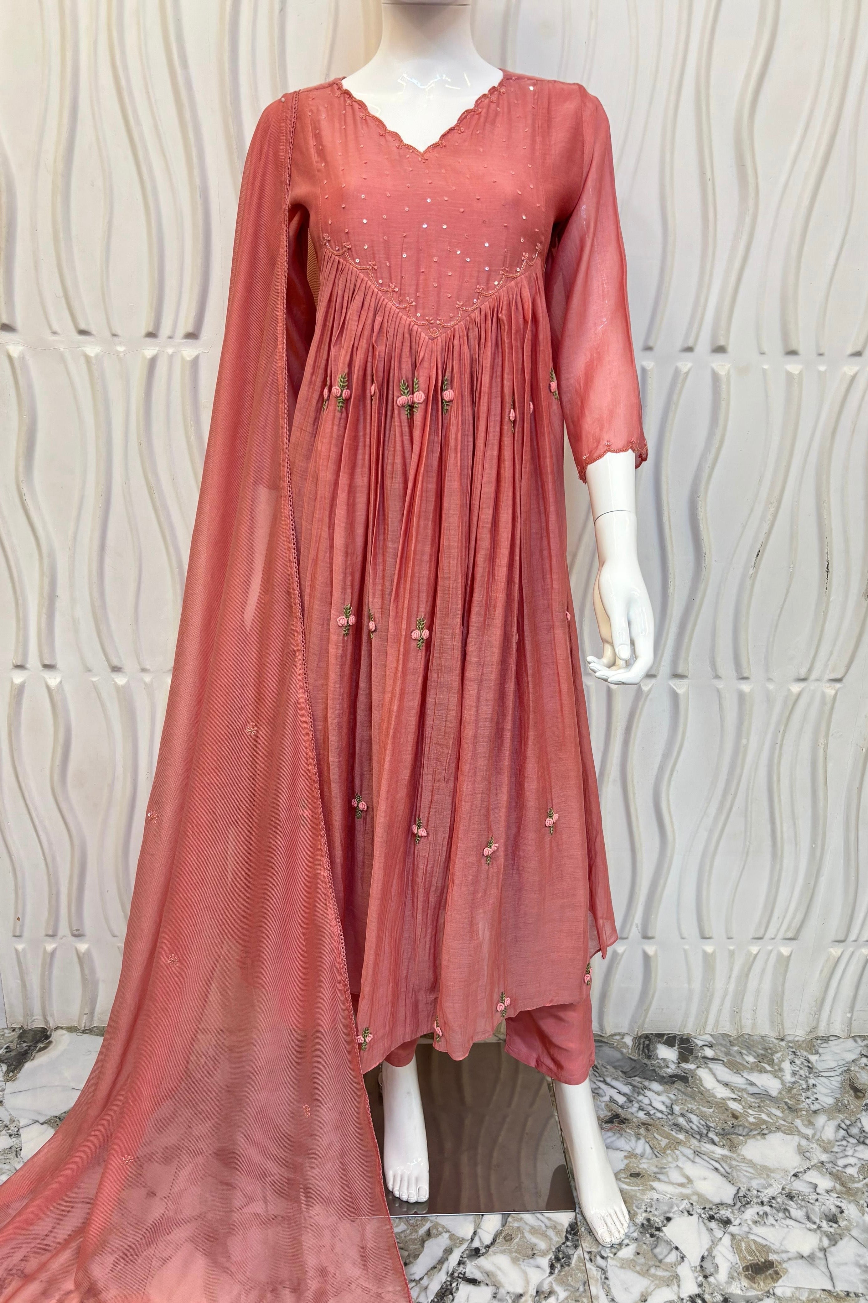 💫Snow – Premium Rosewood Peach Mul Chanderi Anarkali Kurta Set