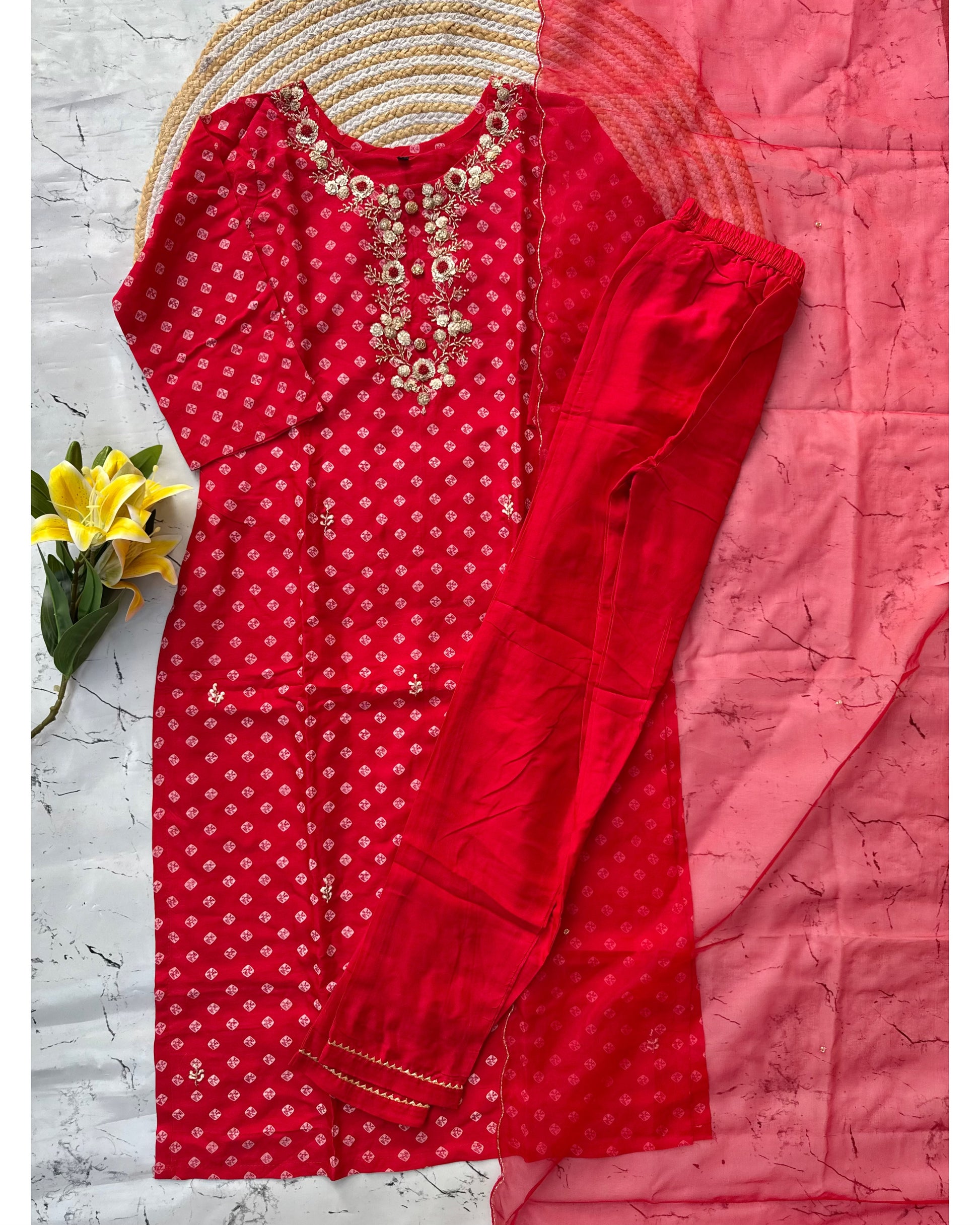 ‘’ BHANDEJ” Beautiful red shade bhandej dola silk set