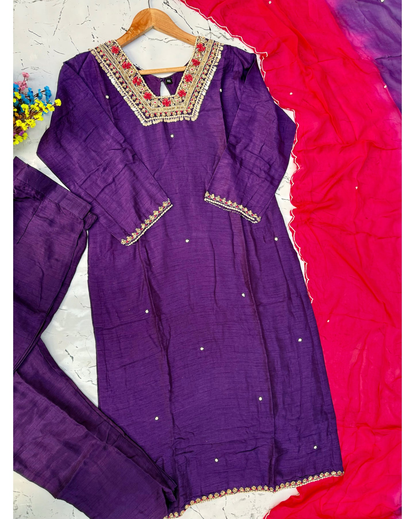 "SALINI" Tissue silk stright heavy work kurti set