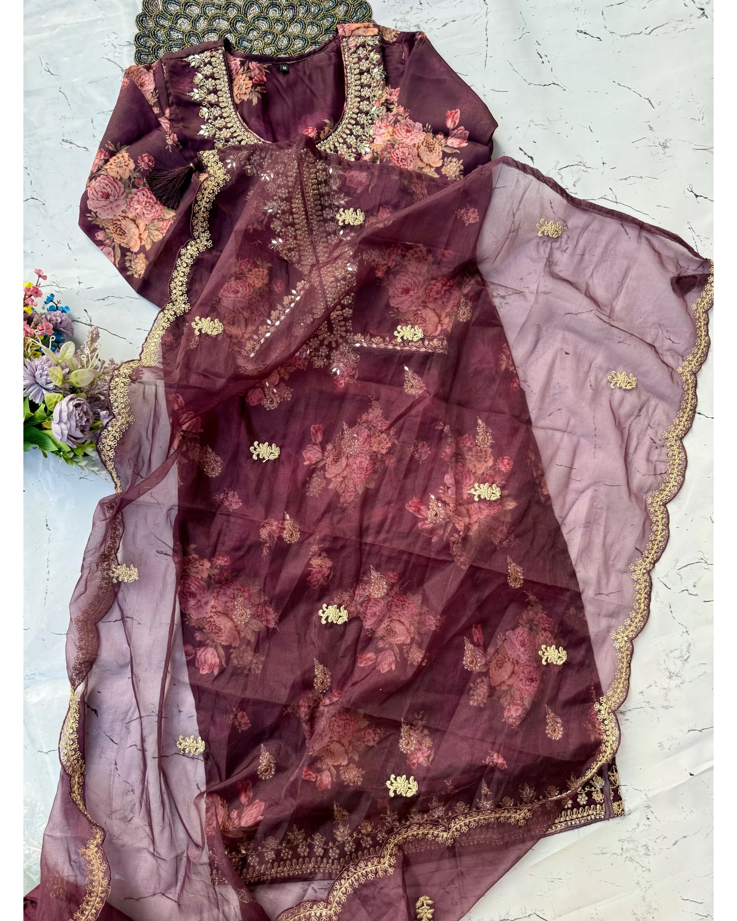 "Aditi" Wine organza printed & handwork stright kurta set