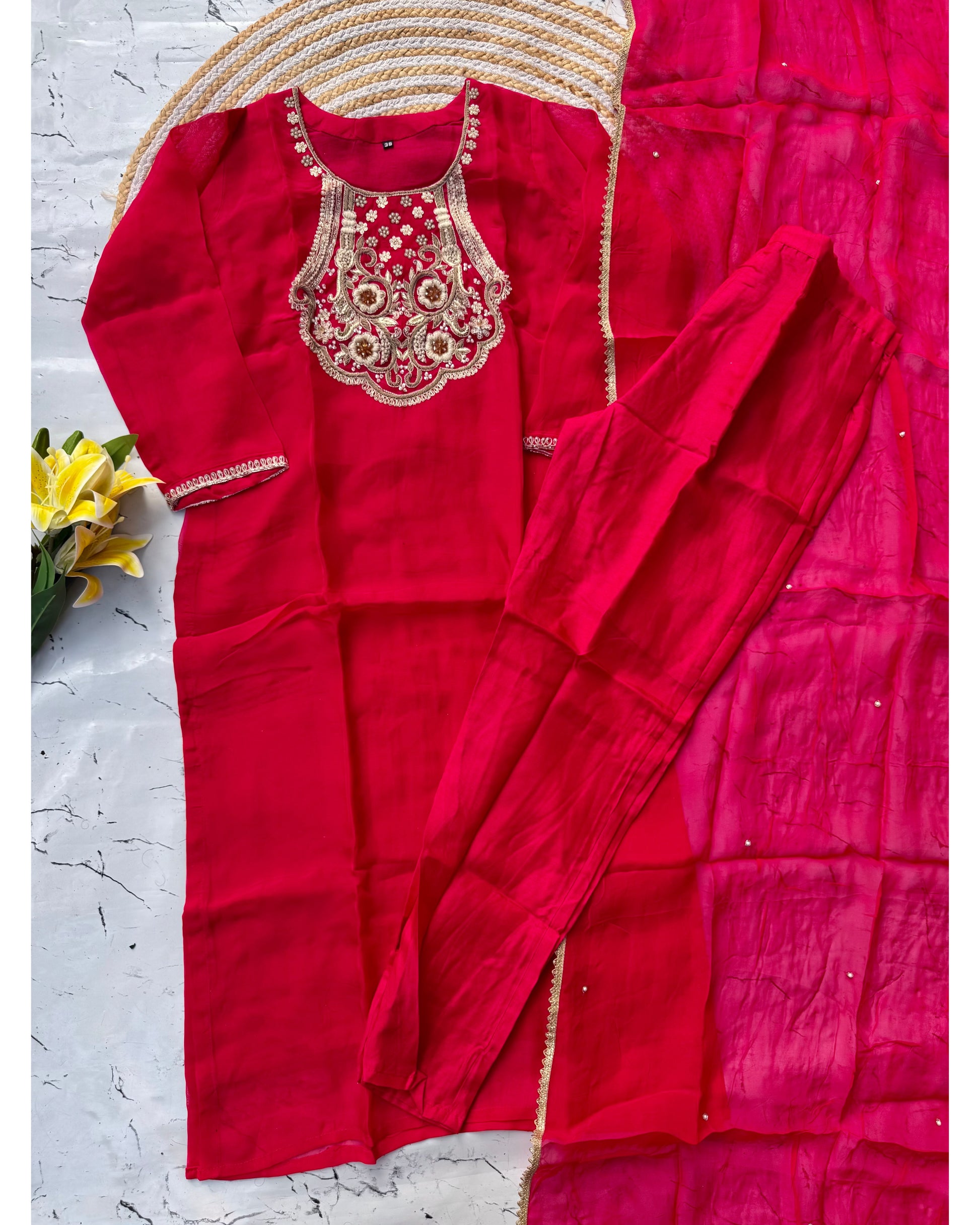 “Farah” party wear pink shade chinnon handwork set