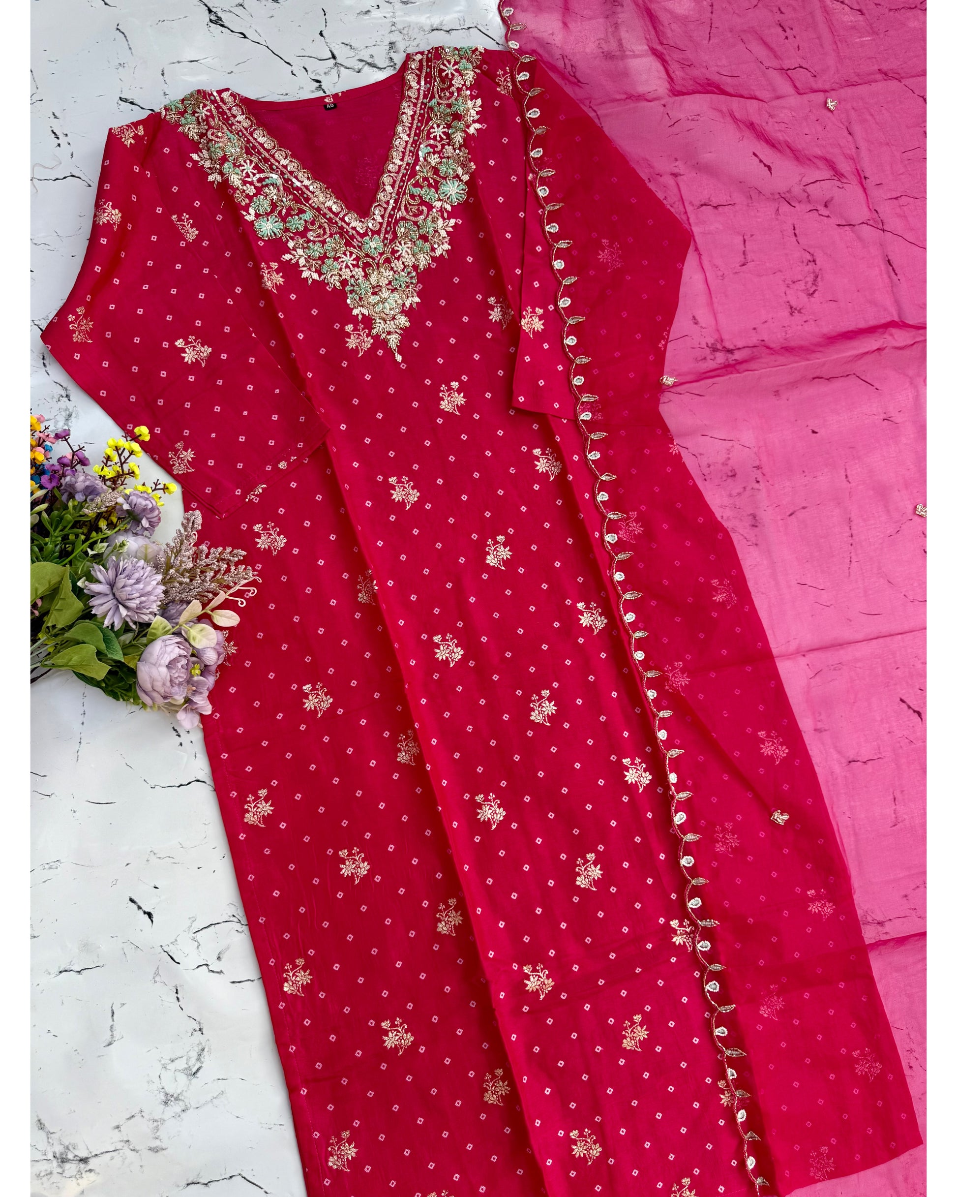 ‘’Rani” Beautiful Pink shade Russian  jacquard bhandej kurti set 🛍️