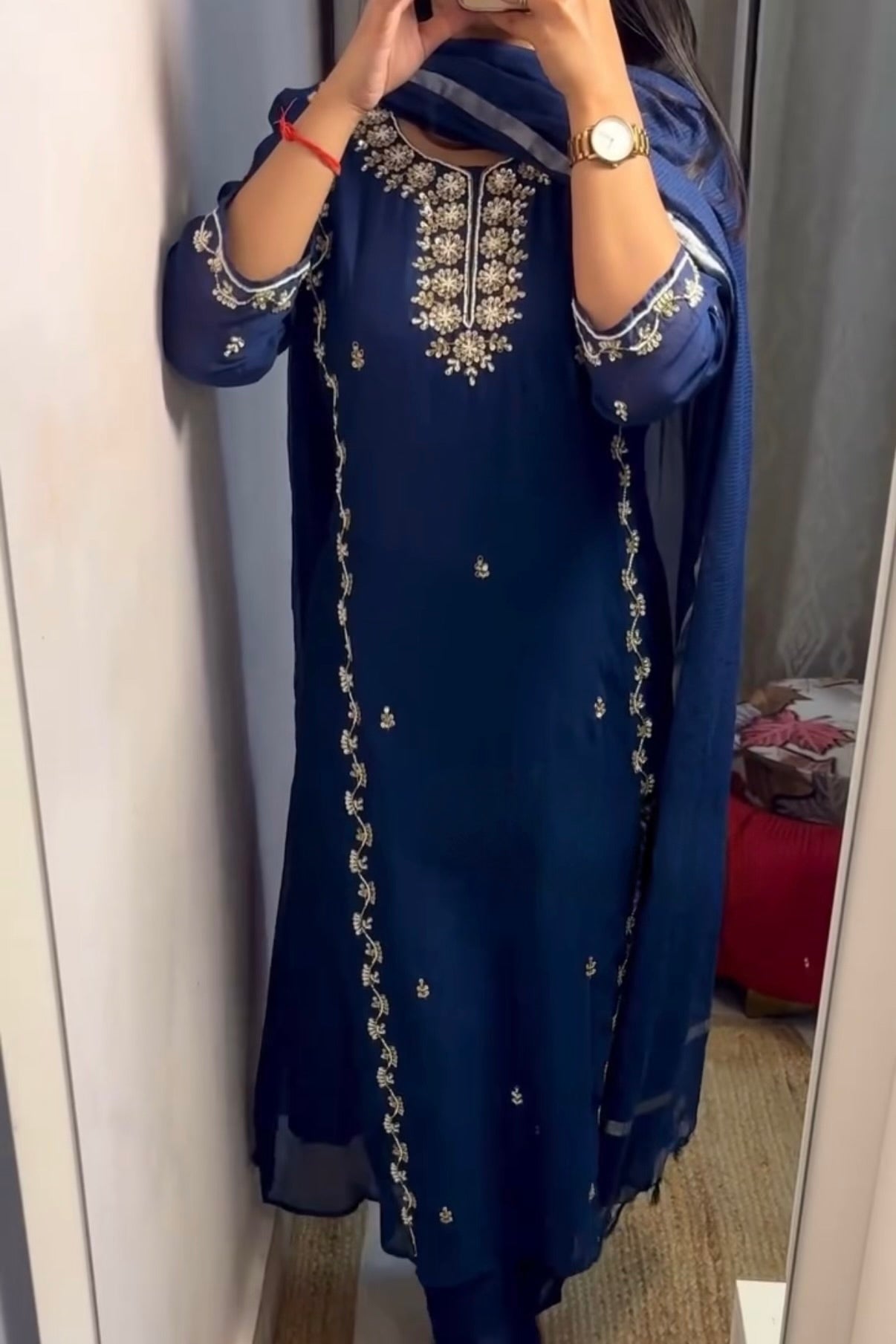 “Faraj” Navy Blue Pure Mul-Chanderi Party wear A Line suit set
