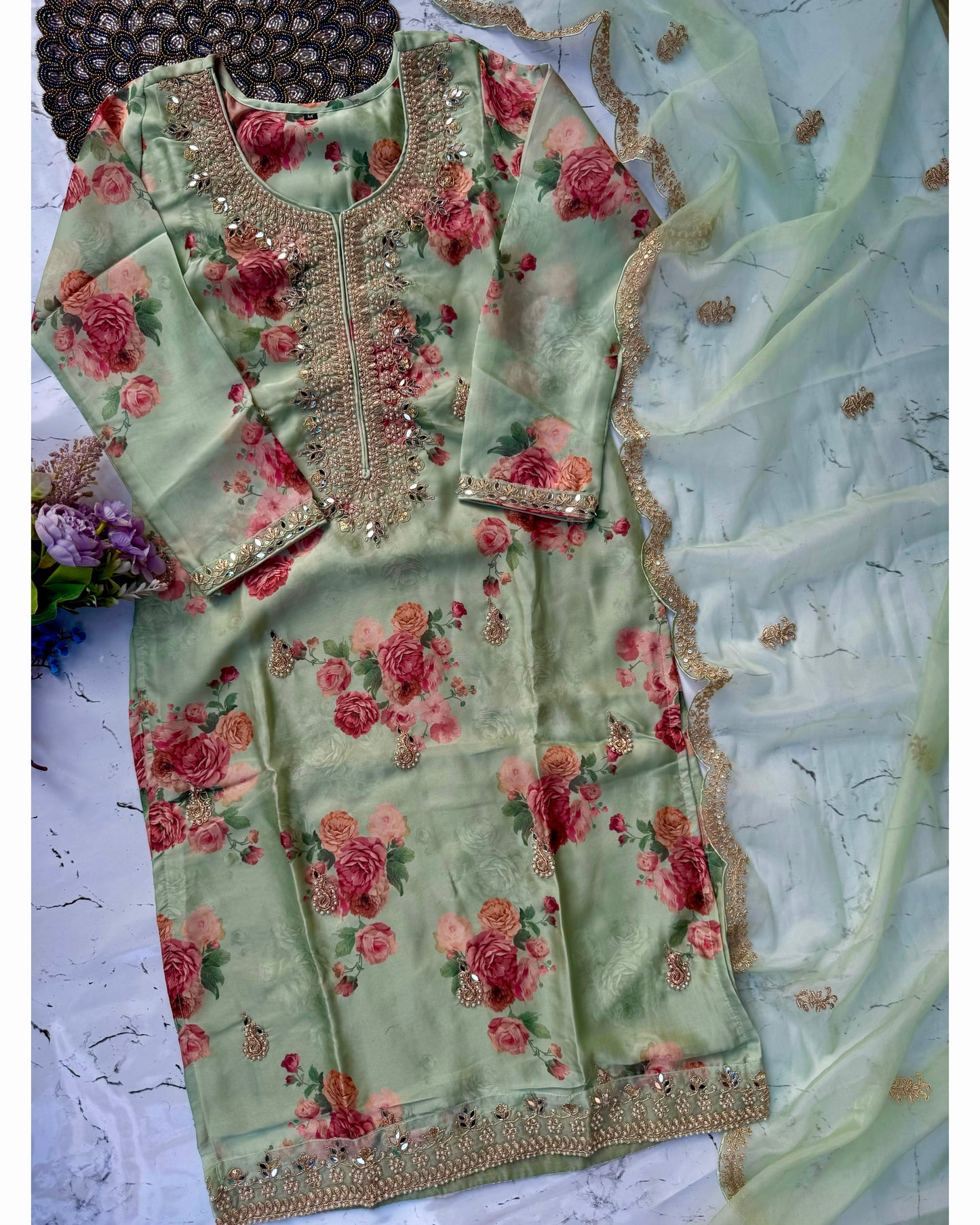 "Aditi" Pista green organza printed & handwork stright kurta set